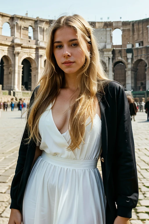 Photorealistic portrait of a young latina, 23 years old, with long flowing blond hair and striking blue eyes. She should have a natural, approachable expression and be lit by soft, golden light. the photo was taken in Rome at the foot of the coliseum, she is wearing a long white dress with a black suit jacket, in the photo she is very sensual.