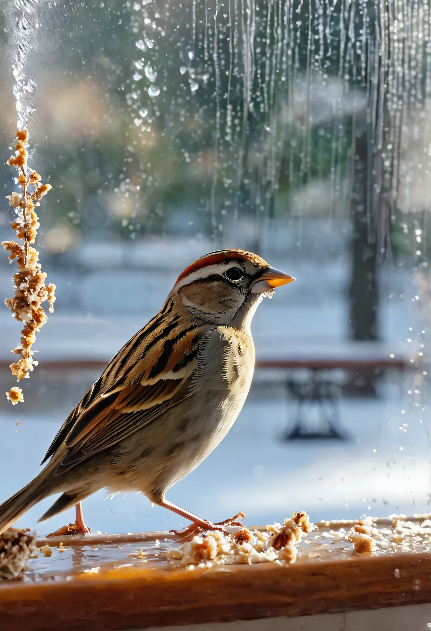 I sat with my family in the morning to eat breakfast, and the sunlight was weak; Winter has begun in my country. It is a beautiful morning with my family. What a beautiful feeling! The family is around the dining table and the atmosphere is warm. Meanwhile, I saw sparrows standing at our kitchen window, and my happiness increased. My mother got up to put some bread crumbs.. ،