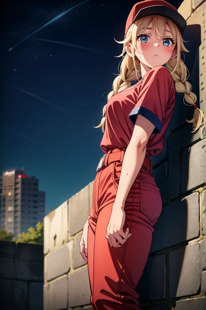 a blonde haired woman wearing a baseball uniform on top of cement wall, 1girl, solo, blue eyes, blonde hair, outdoors, twin braids, braid, hat, night, breasts, long hair, sweat, blush, twintails, sky, looking at viewer, baseball cap, pants, short sleeves, belt, red pants