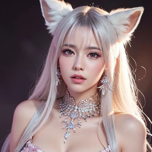 (((full medium shot))), (Masterpiece, photorealistic, photorealism, best quality, ultra-detailed:1.3), (nice hands, perfect hands), official art, cinematic light, (1girl:1.3), adult, solo, A Gorgeous flowing white hair, fox ears, stylish, pink eyes, fiery flowers background, beautiful, goddess, fantasy world. plump looking at the camera, smooth thighs, (glittery jewelry) ((acrylic illustration, by artgerm, by kawacy, by John Singer Sargenti)), dark Fantasy background, glittery jewelry, Representative, fair skin, beautiful face, warm glowing, radiant, magical, lovely, iconic, intricate