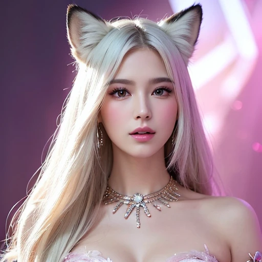 (((full medium shot))), (Masterpiece, photorealistic, photorealism, best quality, ultra-detailed:1.3), (nice hands, perfect hands), official art, cinematic light, (1girl:1.3), adult, solo, A Gorgeous flowing white hair, fox ears, stylish, pink eyes, fiery flowers background, beautiful, goddess, fantasy world. plump looking at the camera, smooth thighs, (glittery jewelry) ((acrylic illustration, by artgerm, by kawacy, by John Singer Sargenti)), dark Fantasy background, glittery jewelry, Representative, fair skin, beautiful face, warm glowing, radiant, magical, lovely, iconic, intricate