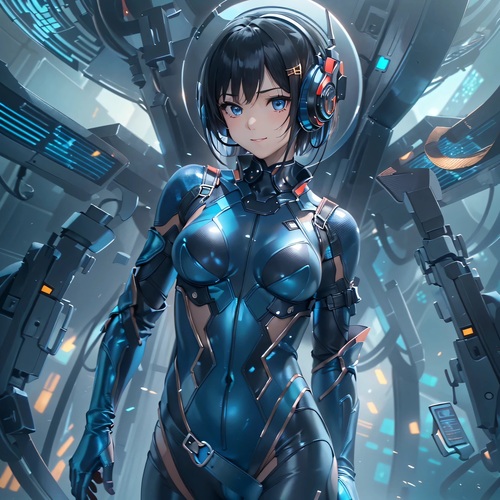 (masterpiece、highest quality、highest resolution、clear_image、detailed details、Angle from above): (full body figure、One 20 year old girl、Japanese faces、small face、Slender、Navy blue super short bob cut hair、(hidden small breasts:1.3)、sparkling blue eyes、Shiny pilot suit in blue and black colors、armor that protects the chest、tight fitting clothes、clothes that cover the whole body、shiny clothes、tight fit pants、hide the skin、very delicate and beautiful、detailed skin、hide thighs、hide your butt、cute type、gentle smile、soft expression、heroine、headset、Knee-high boots、gloves up to the elbow、eye level shot、facing directly、woman on a spaceship)