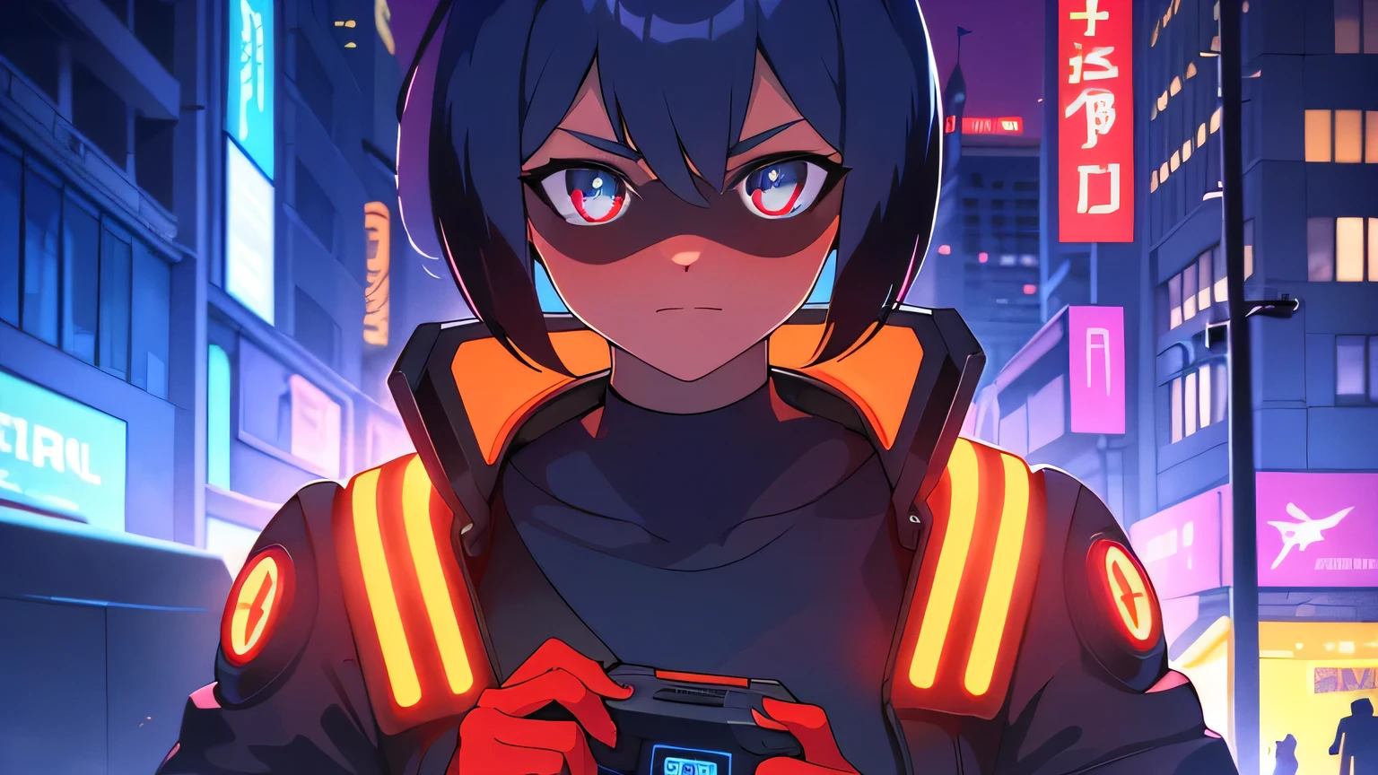 cyberpunk, portrait, Schwarz , Rot neon eyes, stilvoll tragen [Schwarz|Rot] Kleidung steht in einer Stadt, (sonnenaufgang:1.4), Street, kompliziert, fototealistisch