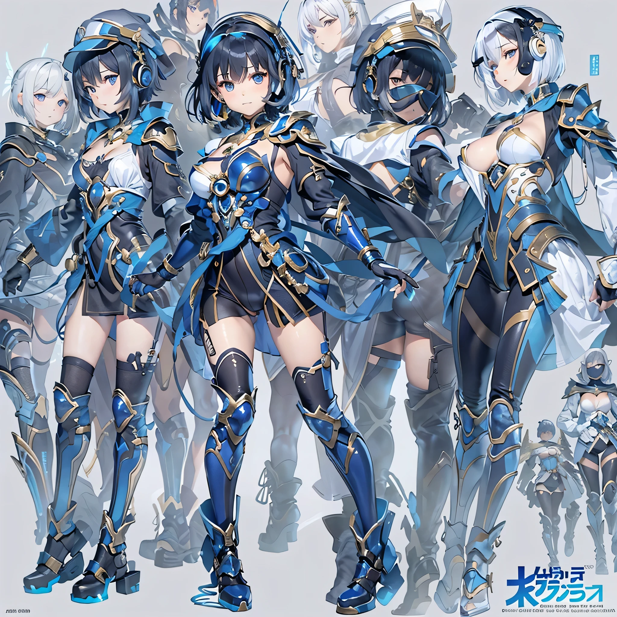 (masterpiece、highest quality、highest resolution、clear_image、detailed details、Angle from above): (full body figure、One 20 year old girl、Japanese faces、small face、Slender、Navy blue super short bob cut hair、(hidden small breasts:1.3)、sparkling blue eyes、Shiny pilot suit in blue and black colors、armor that protects the chest、tight fitting clothes、clothes that cover the whole body、shiny clothes、tight fit pants、hide the skin、very delicate and beautiful、detailed skin、hide thighs、hide your butt、cute type、gentle smile、soft expression、heroine、headset、Knee-high boots、gloves up to the elbow、eye level shot、facing directly、woman on a spaceship)