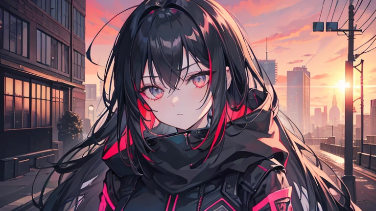 cyberpunk, portrait, Schwarz , Rot neon eyes, stilvoll tragen [Schwarz|Rot] Kleidung steht in einer Stadt, (sonnenaufgang:1.4), Street, kompliziert, fototealistisch