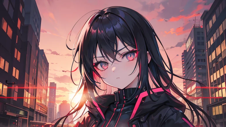 cyberpunk, portrait, Schwarz , Rot neon eyes, stilvoll tragen [Schwarz|Rot] Kleidung steht in einer Stadt, (sonnenaufgang:1.4), Street, kompliziert, fototealistisch