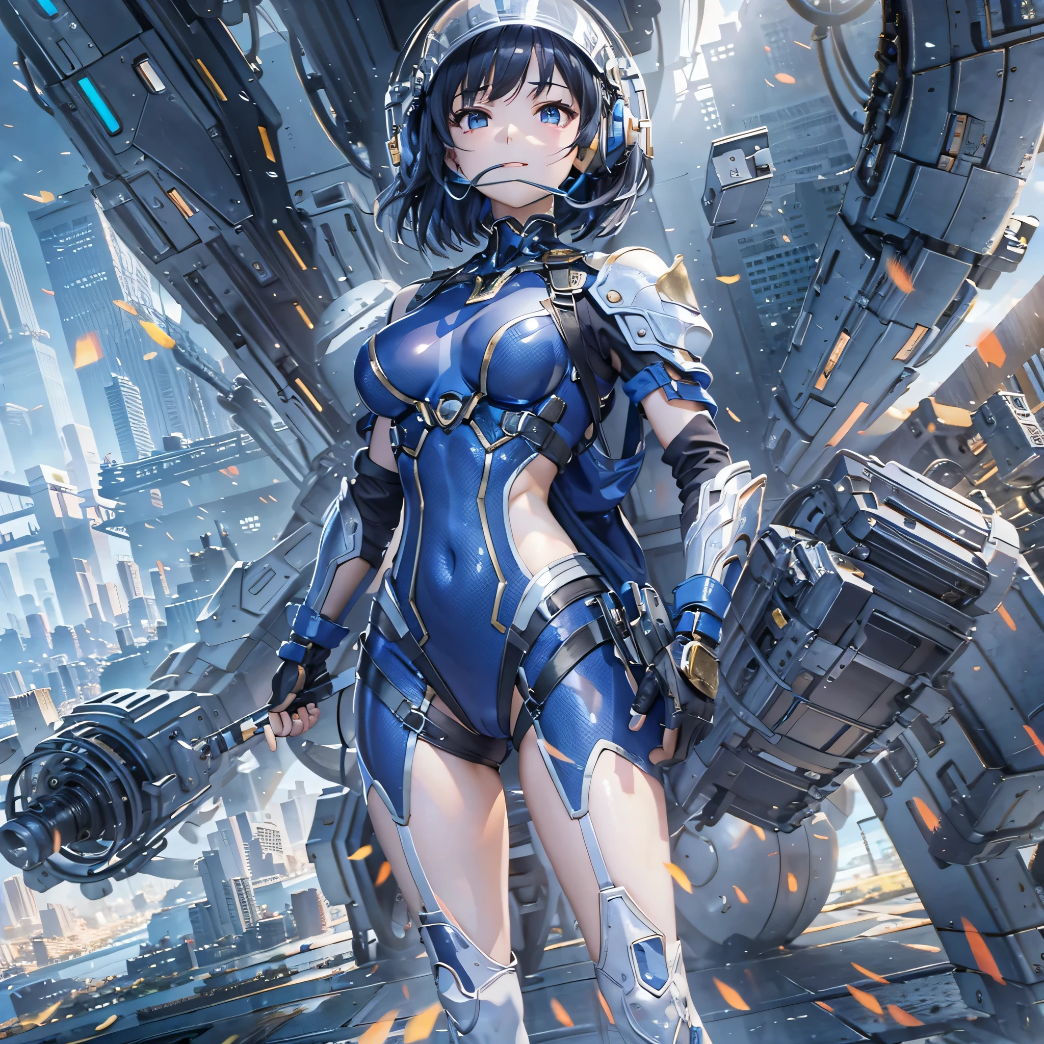(masterpiece、highest quality、highest resolution、clear_image、detailed details、Angle from above): (full body figure、One 20 year old girl、Japanese faces、small face、Slender、Navy blue super short bob cut hair、(hidden small breasts:1.3)、sparkling blue eyes、Shiny pilot suit in blue and black colors、armor that protects the chest、tight fitting clothes、clothes that cover the whole body、shiny clothes、tight fit pants、hide the skin、very delicate and beautiful、detailed skin、hide thighs、hide your butt、cute type、gentle smile、soft expression、heroine、headset、Knee-high boots、gloves up to the elbow、eye level shot、facing directly、woman on a spaceship)