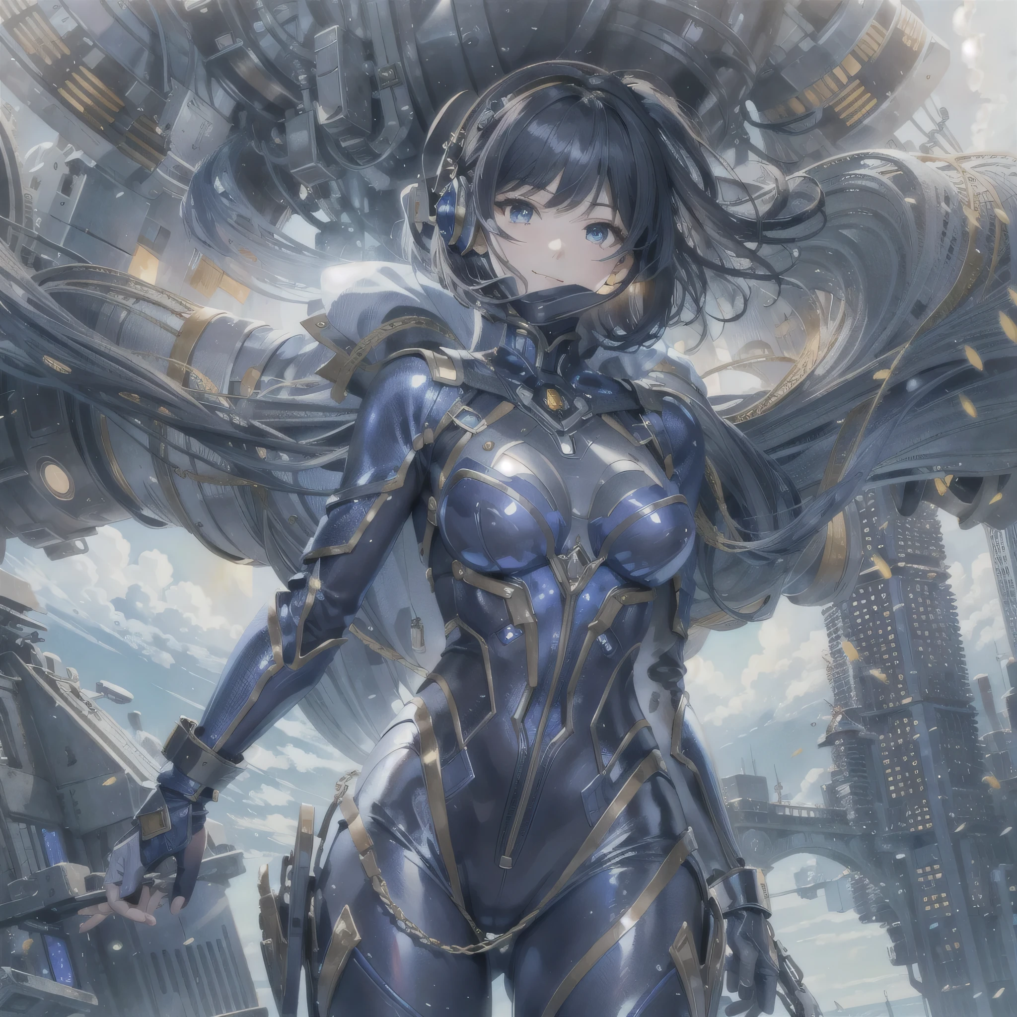 (masterpiece、highest quality、highest resolution、clear_image、detailed details、Angle from above): (full body figure、One 20 year old girl、Japanese faces、small face、Slender、Navy blue super short bob cut hair、(hidden small breasts:1.3)、sparkling blue eyes、Shiny pilot suit in blue and black colors、armor that protects the chest、tight fitting clothes、clothes that cover the whole body、shiny clothes、tight fit pants、hide the skin、very delicate and beautiful、detailed skin、hide thighs、hide your butt、cute type、gentle smile、soft expression、heroine、headset、Knee-high boots、gloves up to the elbow、eye level shot、facing directly、woman on a spaceship)