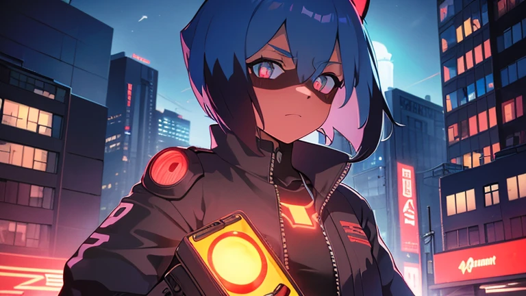 cyberpunk, portrait, Schwarz , Rot neon eyes, stilvoll tragen [Schwarz|Rot] Kleidung steht in einer Stadt, (sonnenaufgang:1.4), Street, kompliziert, fototealistisch