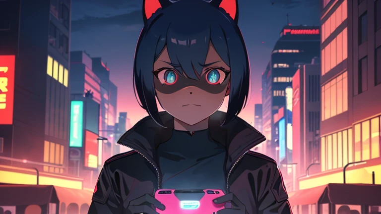 cyberpunk, portrait, Schwarz , Rot neon eyes, stilvoll tragen [Schwarz|Rot] Kleidung steht in einer Stadt, (sonnenaufgang:1.4), Street, kompliziert, fototealistisch