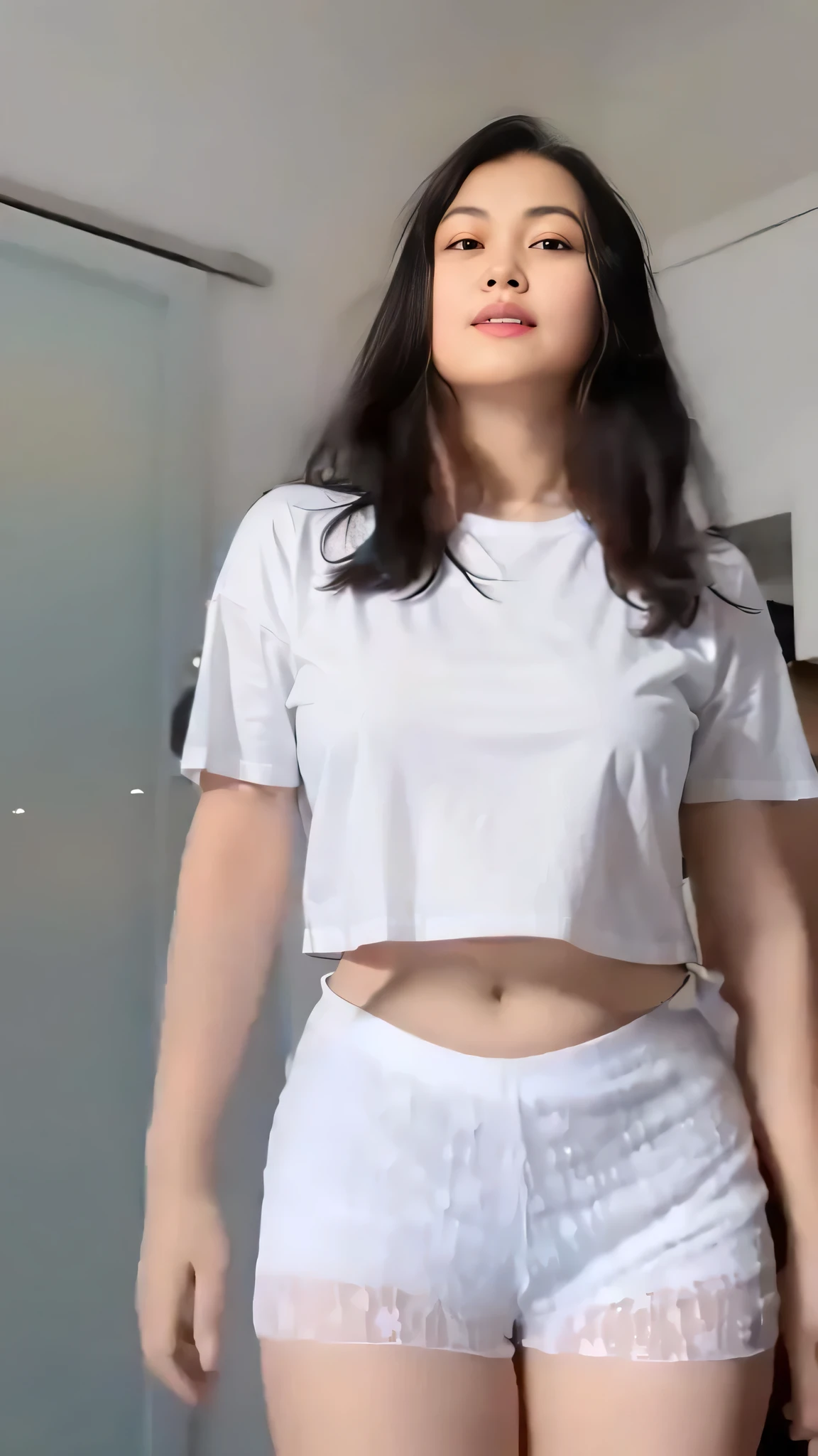 araffed woman in white shirt and shorts standing in a kitchen, in white clothes, revealing clothes, dressed in a white t shirt, wearing a sexy cropped top, wearing a cute top, sexy look, her belly button is exposed, posing in a bedroom, wearing crop top, thicc, sexy body, wearing in shirt, sultry body with sexy belly