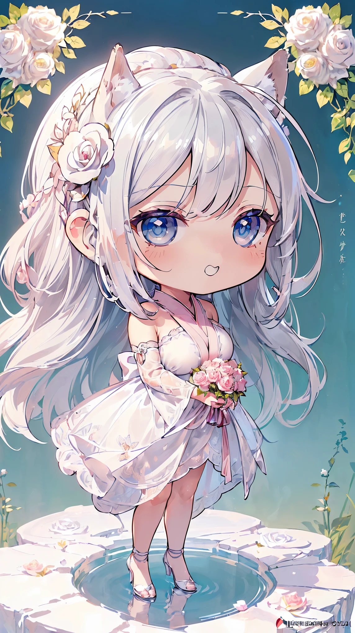 (((masterpiece))), (((highest quality))), ((ultra-detailed)), ((super fine illustration)), ((ultra-fine painting)), (16K highest quality wallpaper:1.4), (Chibi:2.0), (Full body:1.4), (Highly detailed and delicate illustration style,:1.8) detailed skin texture, detailed cloth texture, detailed rose flower texture, detailed wood texture, extreme detailed description, (T-masterpiece), (highly detailed face:1.4), original, RAW photo, professional, Intricate details, super details, Direct light:1.6, (Perfect anatomy:1.4), (highly detailed hands:1.2), (highly detailed fingers:1.2), (highly detailed fingertips:1.2), (27-years-old), real, (solo:1.6), (A very beautiful and attractive silver fox fashion model who is a messenger of God and a traditional sacred shrine maiden:1.4) BRAKE (Beautiful and adorable silver fox ears:1.6), (Highly detailed and delicate silver fox ears:1.4), (beautiful and well-shaped big breasts:1.2), (beautiful and well-shaped buttocks), (beautiful and shiny silver hair:1.6), (highly detailed and delicate silver hair:1.4), (beautiful clear blue eyes that shine with great detail:1.6), (highly detailed and delicate blue eyes:1.2), (highly detailed face:1.4), (smile:1.4), (looking at viewer:1.4), (standing:1.4), (Celebration:1.4) BRAKE ((A beautiful and gorgeous princess dress that is detailed and delicate to be worn at celebratory occasions:1.4)) BRAKE ((Holding in both hands a large bouquet of highly detailed and delicate ((white and pink roses)):1.3)) BRAKE (Just after noon:1.4), (Celebration:1.4), ((Highly detailed and delicate white rose flower and pink rose flower garden background:1.4)), (Highly detailed and delicate royal palace courtyard background in just after noon in spring:1.4) BRAKE