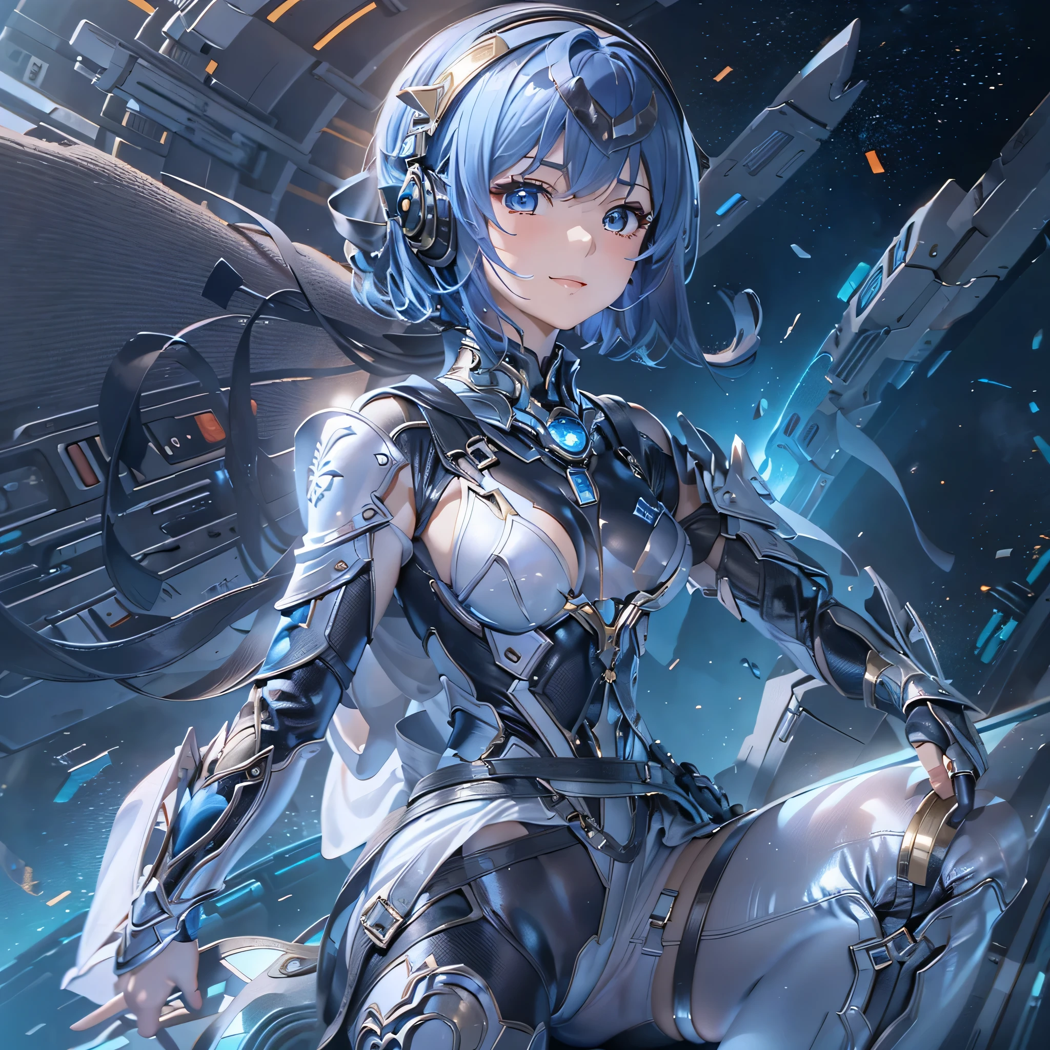 (masterpiece、highest quality、highest resolution、clear_image、detailed details、Angle from above): (full body figure、One 20 year old girl、Japanese faces、small face、Slender、Navy blue super short bob cut hair、(hidden small breasts:1.3)、sparkling blue eyes、Shiny pilot suit in blue and black colors、armor that protects the chest、tight fitting clothes、clothes that cover the whole body、shiny clothes、tight fit pants、hide the skin、very delicate and beautiful、detailed skin、hide thighs、hide your butt、cute type、gentle smile、soft expression、heroine、headset、Knee-high boots、gloves up to the elbow、eye level shot、facing directly、woman on a spaceship)