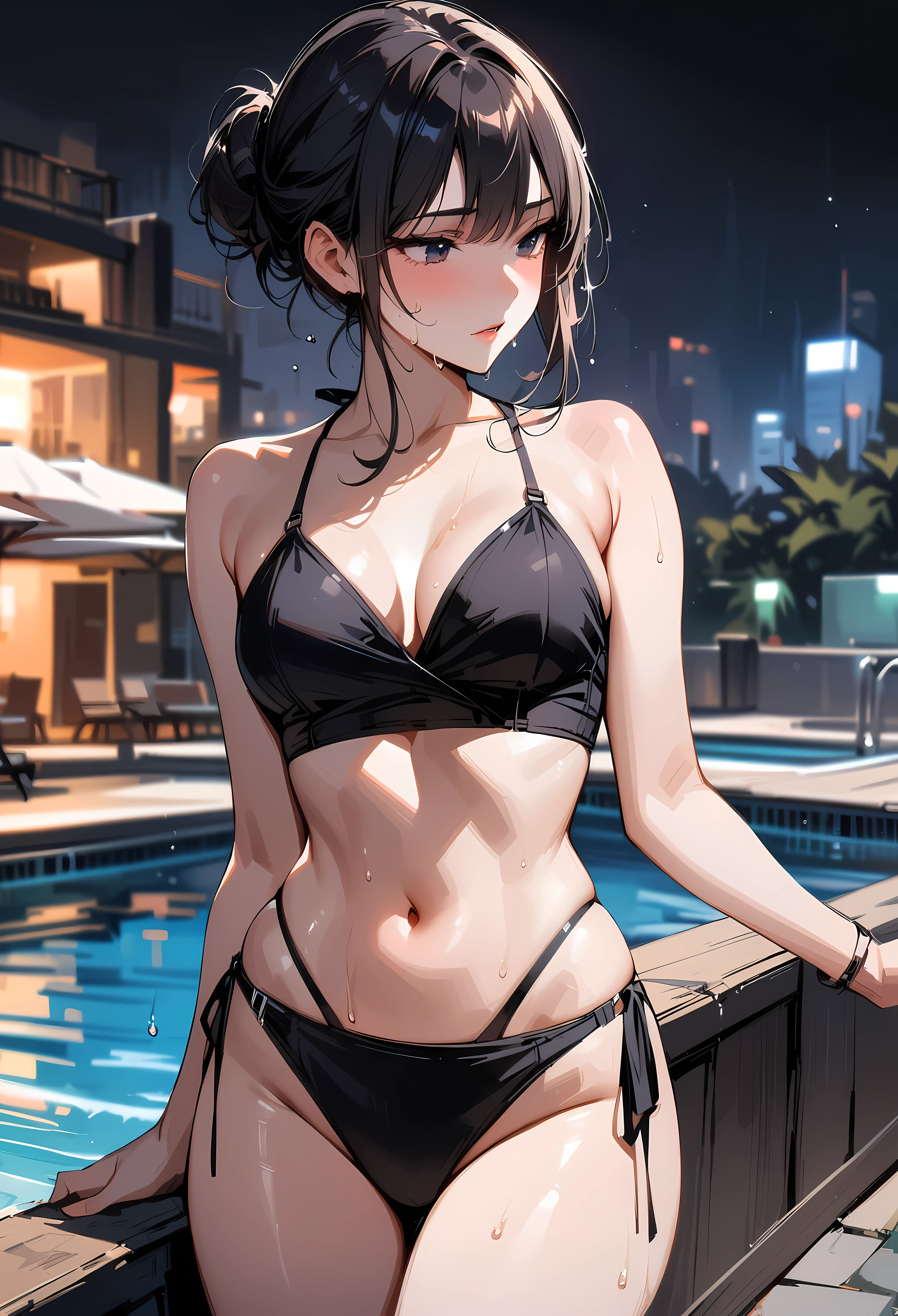 (masterpiece, best quality:1.2), 1 girl, alone , sexy , (bikini), cowboy shot, black hair ,hair bun, (Sweat),  (pool_background) , outdoor ,