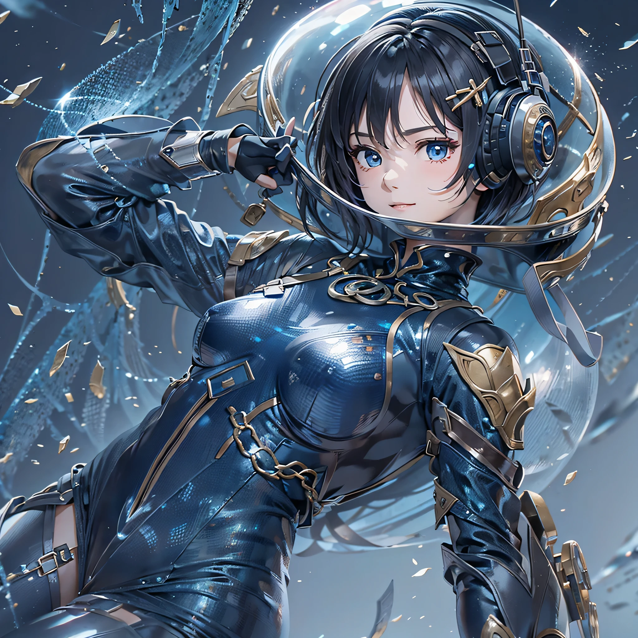 (masterpiece、highest quality、highest resolution、clear_image、detailed details、Angle from above): (full body figure、One 20 year old girl、Japanese faces、small face、Slender、Navy blue super short bob cut hair、(hidden small breasts:1.3)、sparkling blue eyes、Shiny pilot suit in blue and black colors、armor that protects the chest、tight fitting clothes、clothes that cover the whole body、shiny clothes、tight fit pants、hide the skin、very delicate and beautiful、detailed skin、hide thighs、hide your butt、cute type、gentle smile、soft expression、heroine、headset、Knee-high boots、gloves up to the elbow、eye level shot、facing directly、woman on a spaceship)