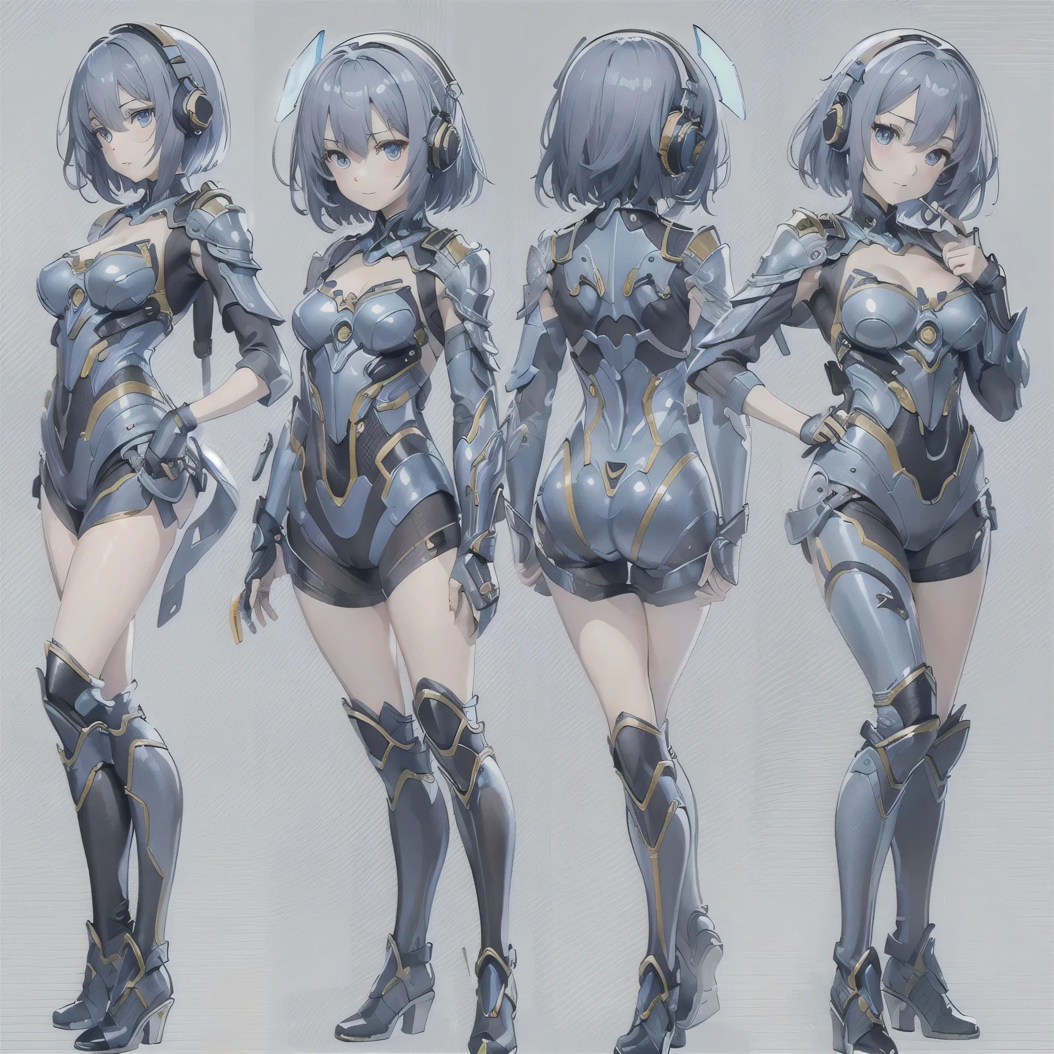 (masterpiece、highest quality、Highest Resolution、Clear_image、Detailed details、Angle from above): (Whole body、One 20 year old girl、Japanese Faces、Small Face、Slender、Navy blue super short bob cut hair、(Hidden small breasts:1.3)、Sparkling blue eyes、Shiny pilot suit in blue and black colors、Chest protection armor、Tight fitting clothes、Clothing that covers the whole body、Glamorous clothes、Tight Fit Pants、Hide your skin、Very delicate and beautiful、Detailed Skin、hide thighs、Hide your ass、Cute、A gentle smile、Soft expression、heroine、headset、Knee-high boots、Elbow-length gloves、Eye Level Shot、Face directly、Woman on a spaceship)
