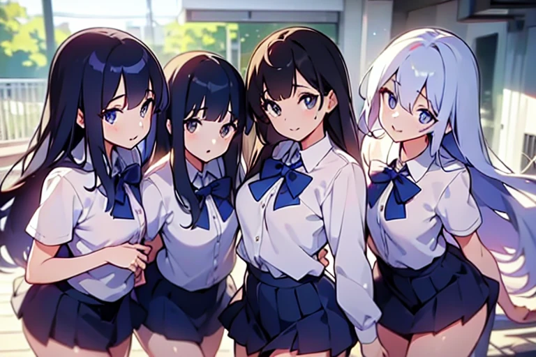 4girls,quartet,squad,cowboyshot,pov,beautiful detailed eyes, detailed lips, long eyelashes, bright and vibrant colors, natural lighting,(best quality, 4k, highres), ultra-detailed, soft and smooth texture, no distractions, dreamlike sensation, slight bokeh effect,highlighting her figure,deformed and independented breasts,schooluniform,side by side,Different posing,surrounded by girls,(small breasts:1.5)