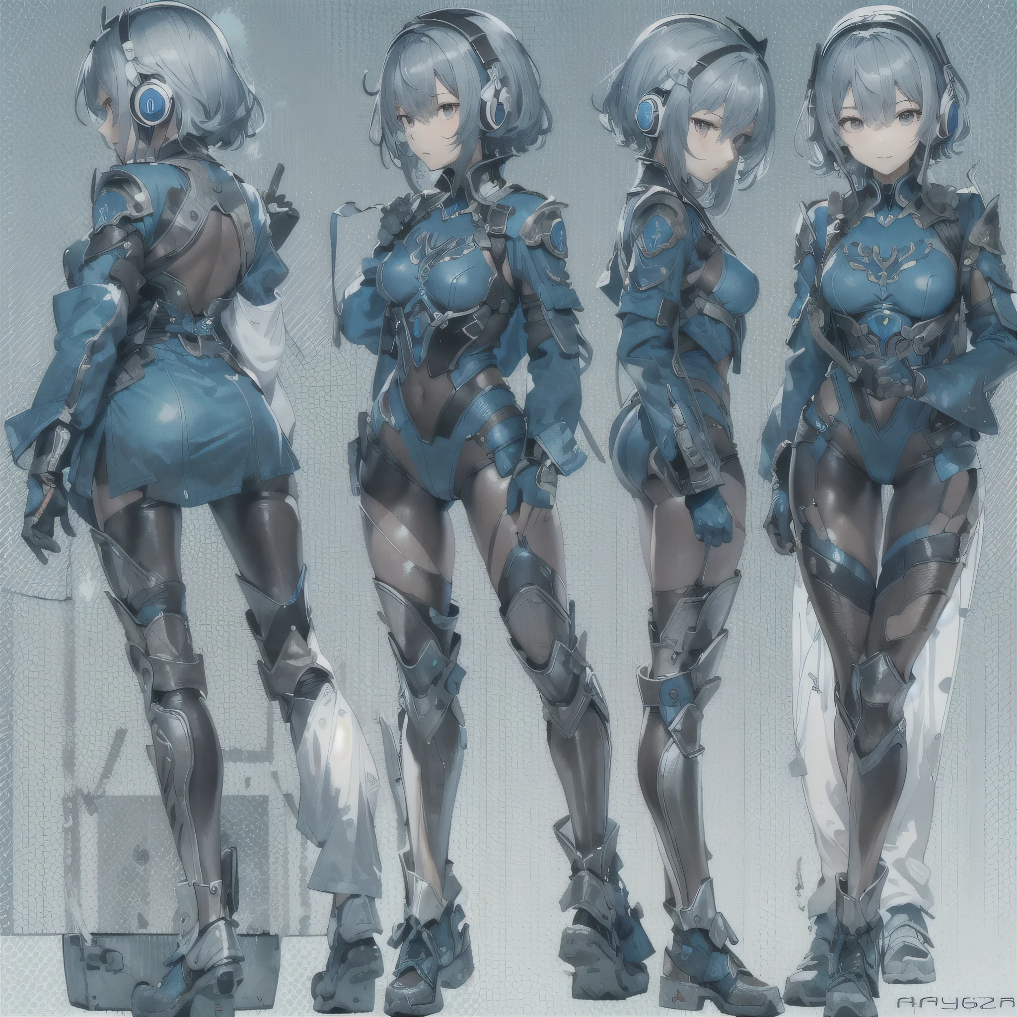 (masterpiece、highest quality、highest resolution、clear_image、detailed details、Angle from above): (full body figure、One 20 year old girl、Japanese faces、small face、Slender、Navy blue super short bob cut hair、(hidden small breasts:1.3)、sparkling blue eyes、Shiny pilot suit in blue and black colors、armor that protects the chest、tight fitting clothes、clothes that cover the whole body、shiny clothes、tight fit pants、hide the skin、very delicate and beautiful、detailed skin、hide thighs、hide your butt、cute type、gentle smile、soft expression、heroine、headset、Knee-high boots、gloves up to the elbow、eye level shot、facing directly、woman on a spaceship)