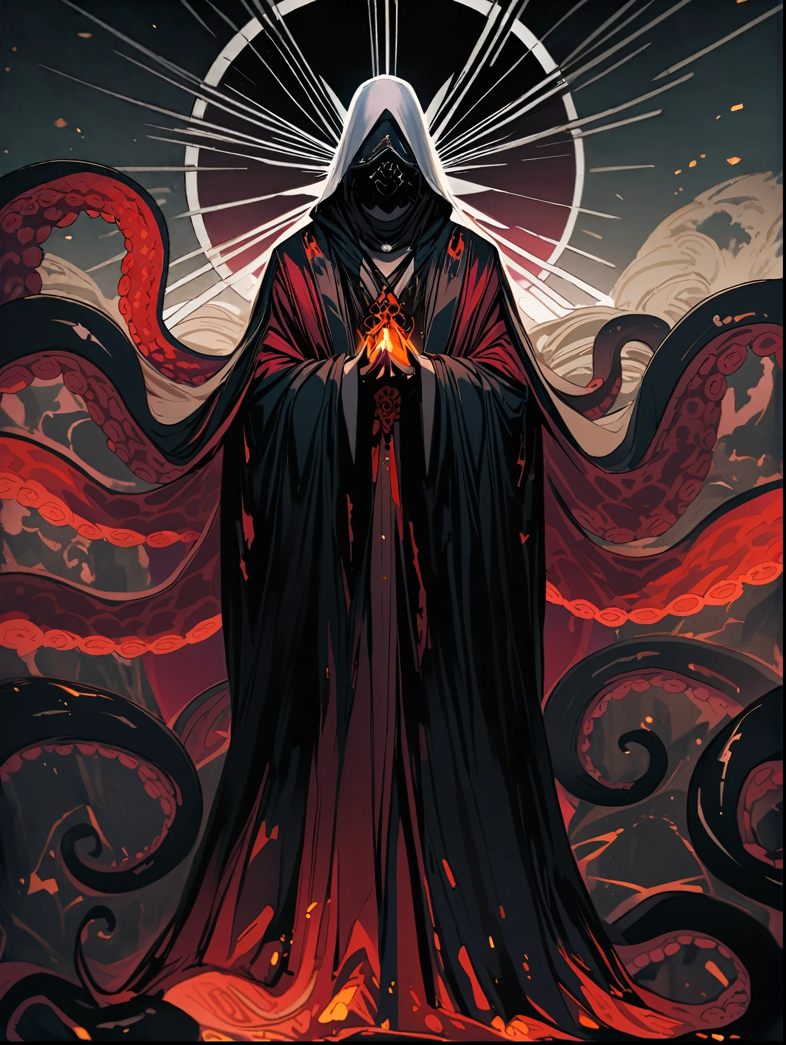8K resolution, ((highest quality)), ((masterpiece)), ((super detailed)), (非常に繊細で美New), woman, black hair, long hair, black eyes, 美New, black robe, black tentacles, cthulhugod話, cthulhu, dark atmosphere, 悍まNew雰囲気, disaster々New雰囲気, god々New, whole body