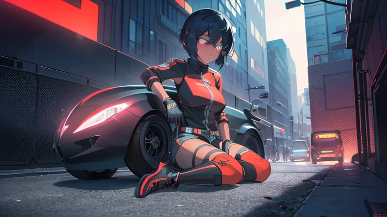 cyberpunk, portrait, Schwarz , Rot neon eyes, stilvoll tragen [Schwarz|Rot] Kleidung steht in einer Stadt, (sonnenaufgang:1.4), Street, kompliziert, fototealistisch , hole body, (auf futuristischem motorrad sitzend:1.4)