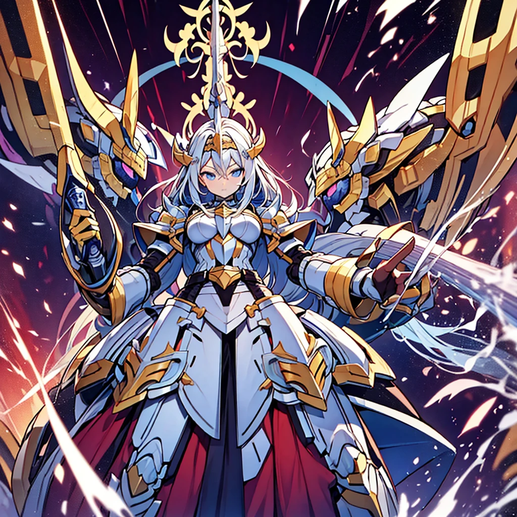 Wields a seven-colored sword,Anime character holding sword and armor standing in front of a background, holy paladin, wears light armor, white armor, epic paladin armor, gold paladin, male paladin, fantasy paladin, intricate white armor, paladin armor, covered in full silver armor, silver armor, wearing opal armor, Dragon Knight, detailed white armor, paladin