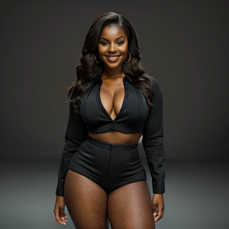 Stunning chubby black woman, long scruffy brown hair, hyperdetailed face with a mischievous smile, big hips, big thighs, big breast, hourglass body shape, clothes that emphasize the curves of the body, provocative pose, digital painting, extreme detail, digital art, 4k, ultra hd, hyper detailed, hyper realistic, photorealistic, detailed, vibrant, sharp focus, character design, artgerm, kuvshinov, character design,