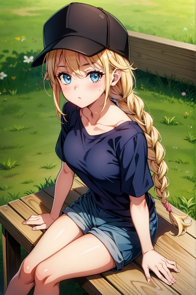 a cartoon character posing nude sitting on bench as people walk by,, 1girl, solo, hat, twin braids, blue eyes, blonde hair, braid, sitting, long hair, shorts, looking at viewer, shirt, black headwear, short sleeves, breasts, baseball cap, outdoors, grass, collarbone, blush, blue shirt, bench