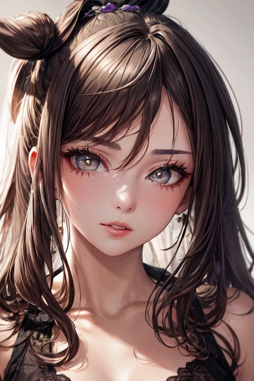 (obra de arte), Melhor qualidade, detalhes intrincados, ultra detalhes, Ultra qualidade, regra do terceiro, (olhando para o espectador), rosto detalhado, detailed iris, olhos castanhos, shiny lips, 1 garota, 18 anos, cabelo curto, cabelo entre os olhos, cabelo preto, (hair intake, (Terceiro tiro superior), garota legal.