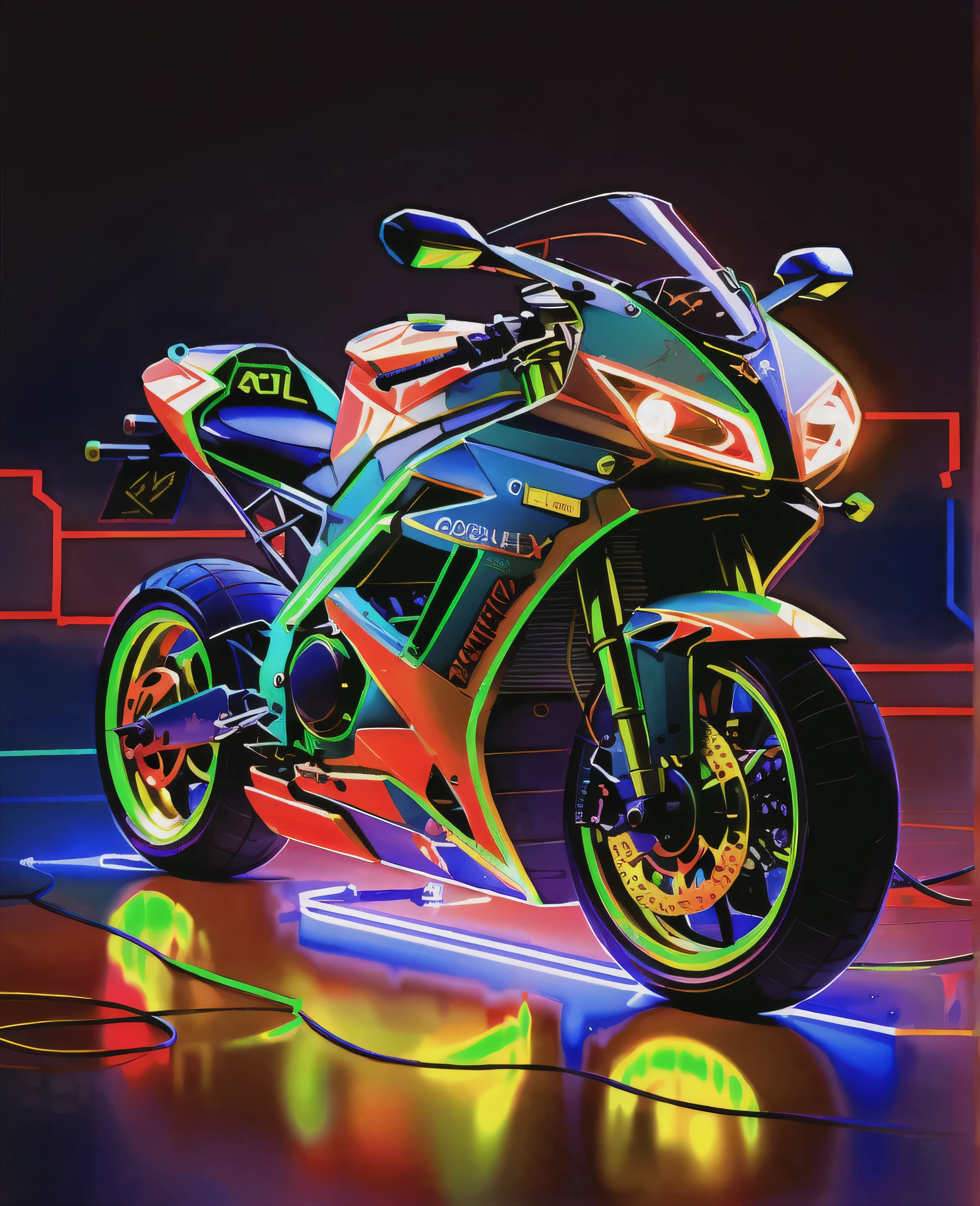 brightly lit motorcycle in a dark room with neon lights, motorcycle, neon digital art, motorcycles, colorful high contrast hd, glowing neon vray, glowing neon, in style of digital illustration, stylized digital illustration, colorized neon lights, airbrush digital art, colorful glow, style digital painting, neon coloring, digital painting highly detailed, colorful digital painting, vibrant digital painting