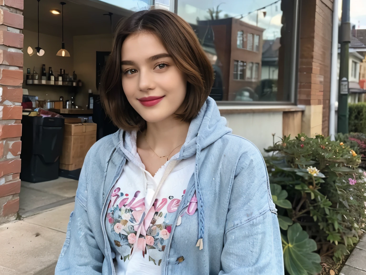 200 (snapdd00-Fp16), woman, floral hoodie, gentle smile, lipstick, short hair, Retro brick town, wearing jeans