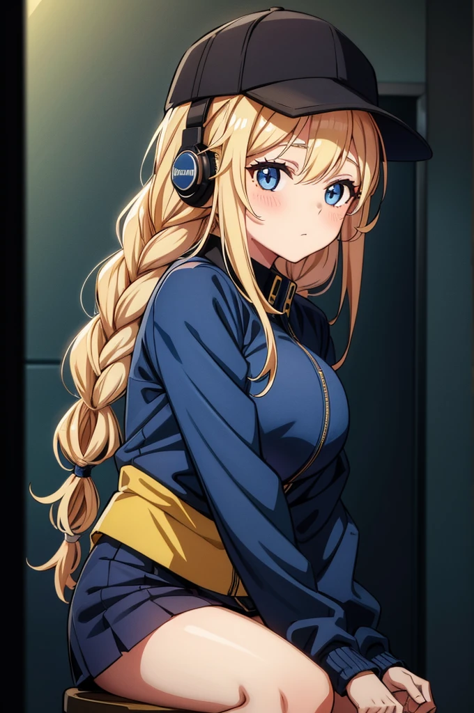 a woman with long hair that is sitting on the stool wearing a uniform, 1girl, solo, braid, long hair, sitting, blonde hair, twin braids, hat, baseball cap, blue eyes, looking at viewer, jacket, headphones, hair between eyes, black headwear, blush, blue jacket, breasts, bangs, closed mouth