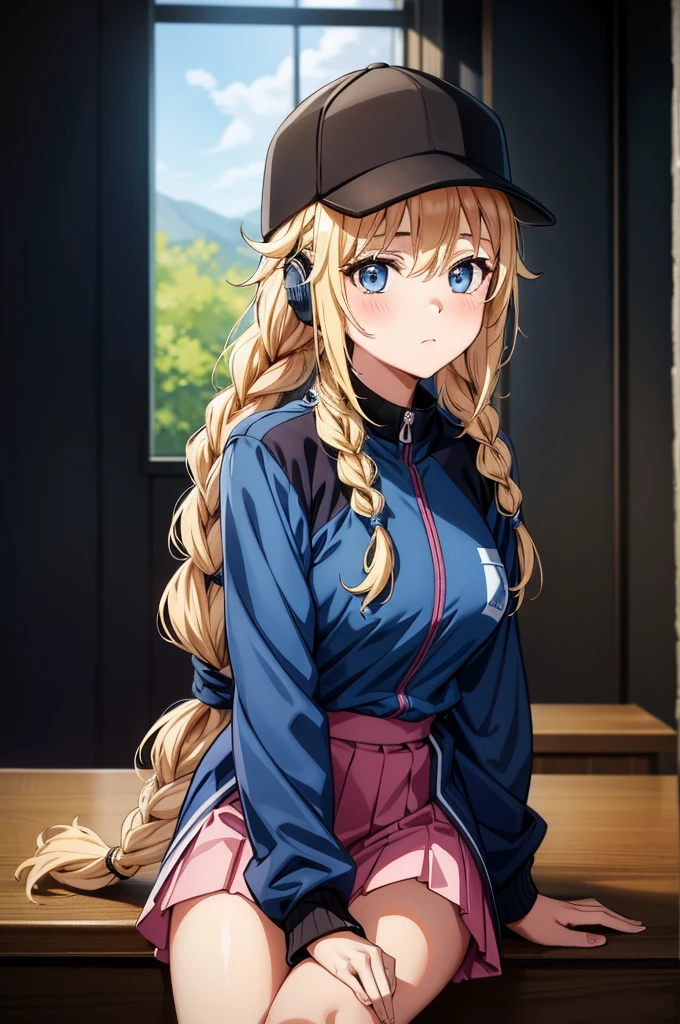 a woman with long hair that is sitting on the stool wearing a uniform, 1girl, solo, braid, long hair, sitting, blonde hair, twin braids, hat, baseball cap, blue eyes, looking at viewer, jacket, headphones, hair between eyes, black headwear, blush, blue jacket, breasts, bangs, closed mouth