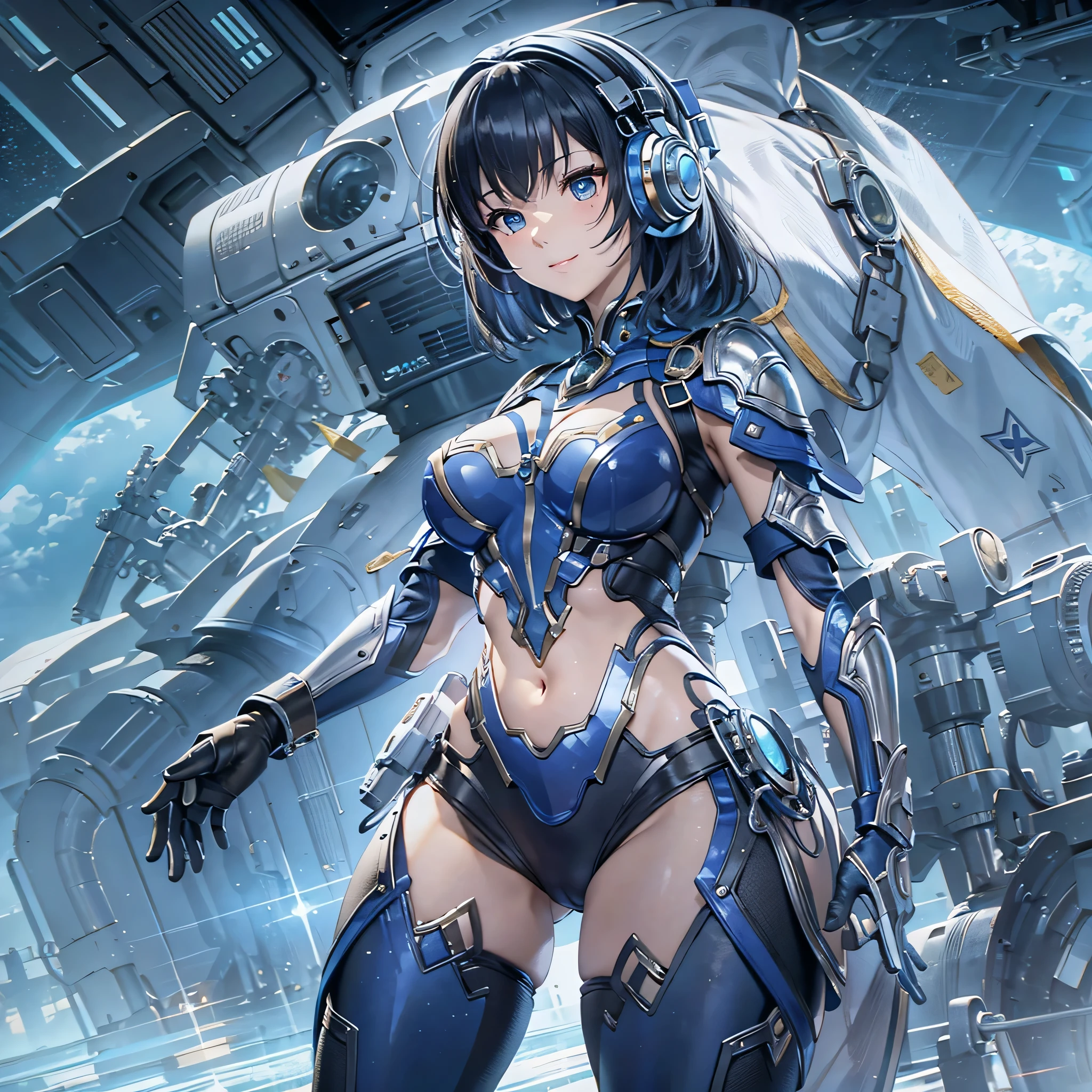 (masterpiece、highest quality、highest resolution、clear_image、detailed details、Angle from above): (full body figure、One 20 year old girl、Japanese faces、small face、Slender、Navy blue super short bob cut hair、(hidden small breasts:1.3)、sparkling blue eyes、Shiny pilot suit in blue and black colors、armor that protects the chest、tight fitting clothes、clothes that cover the whole body、shiny clothes、tight fit pants、hide the skin、very delicate and beautiful、detailed skin、hide thighs、hide your butt、cute type、gentle smile、soft expression、heroine、headset、Knee-high boots、gloves up to the elbow、eye level shot、facing directly、woman on a spaceship)