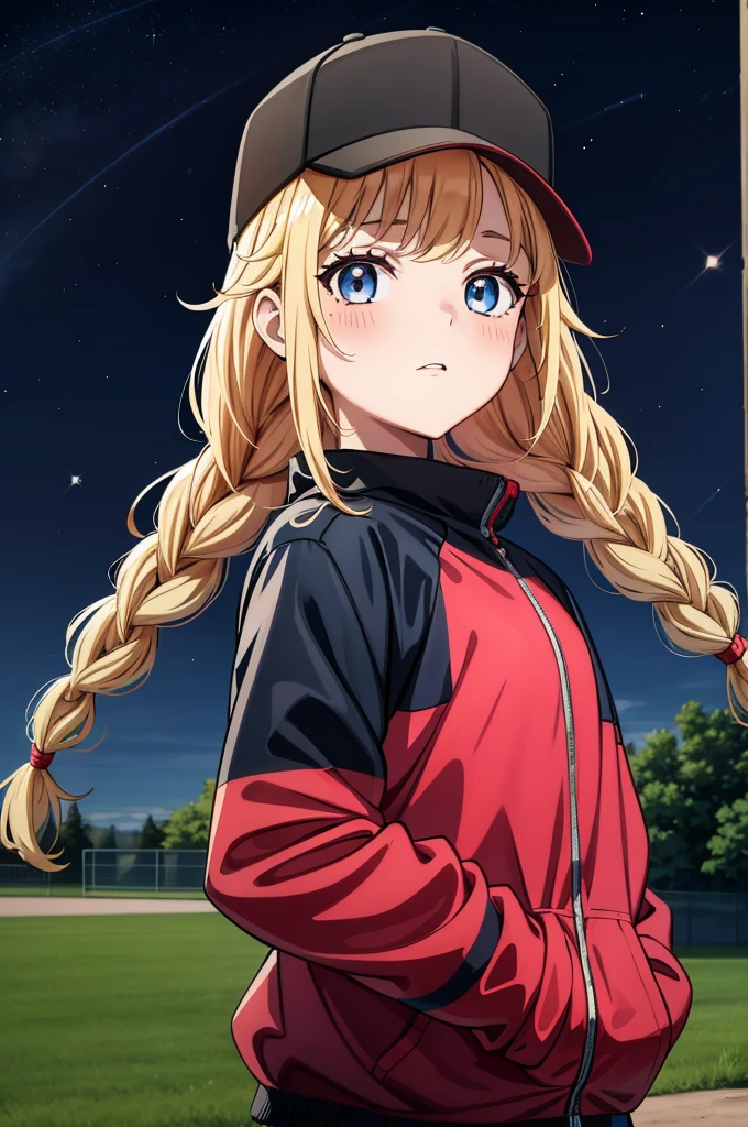 a girl wearing a red and black sports outfit at the park having fun, 1girl, braid, blue eyes, night, blonde hair, long hair, hat, twin braids, jacket, baseball cap, blush, outdoors, multicolored jacket, black headwear, solo focus, bangs, track jacket, sky, long sleeves