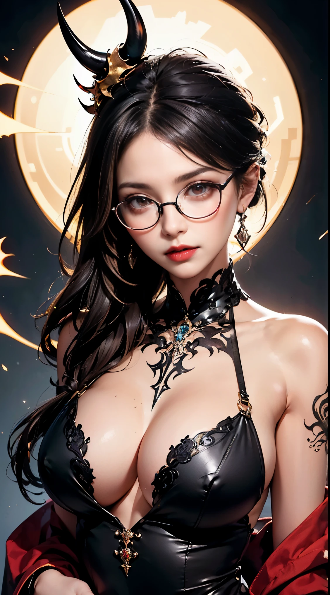 1 Beautiful devil woman from hell, Surreal portraits of women by David Hockney and Alphonse Mucha, fantasy art, Chinese humanoid, photorealism, dynamic lighting, art station, poster of, volume lighting, 非常に詳細なディテールを備えた顔のintricate tattoo, demonic intricate tattoo, thigh tattoo, body tattoo, 8k ultra, Award, in the dark, low key, cowboy lens, (black phoenix dress: 1.0), long hair, black hair, bust, devil's palace, devil's crown, Red eyes have very clear and detailed makeup, the most beautiful face, seductive body、((((black round rim glasses))))、 super tight chest, Breast augmentation surgery, Breasts are very big and round, Super realistic, black dark magic dress, cute smile, The eyes are made up very nicely, ((red eyes:1.0)), Gweiz, devil style, wearing black mesh socks, Ponytail with a ribbon tied at the back of the hair, beautiful plump red lips, wearing a thin red and black robe, Pull the strap with your hand to expose your sexy breasts, The landscape is cloudy and there is thunder, beautiful female devil portrait, Close-up of the main character、intricate tattoo, demonic intricate tattoo, thigh tattoo, body tattoo, (detailed spooky background:0.8), nffsw, nffsw, 8K quality, detailed pixels, Meeting beautiful girls, look at the girl's body, ((((black round rim glasses))))、Portrait of a woman dressed in black magic、Portrait of a woman in a buggy , fantasy art, Chinese humanoid、seductive woman、