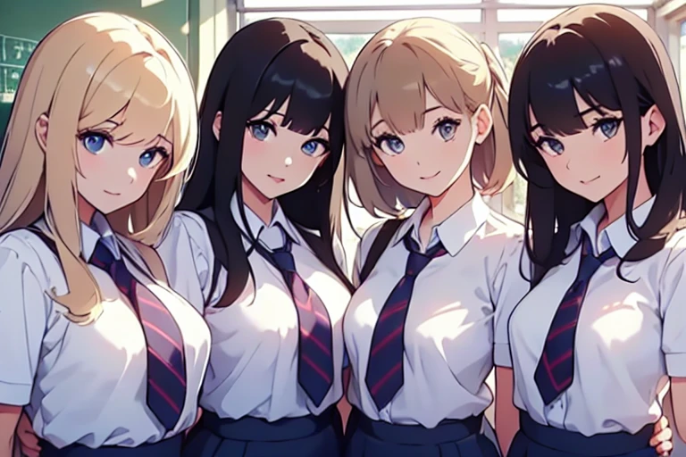 4girls,quartet,squad,cowboyshot,pov,beautiful detailed eyes, detailed lips, long eyelashes, bright and vibrant colors, natural lighting,(best quality, 4k, highres), ultra-detailed, soft and smooth texture, no distractions, dreamlike sensation, slight bokeh effect,highlighting her figure,deformed and independented breasts,schooluniform,side by side,Different posing,surrounded by girls,(small breasts:1.5)