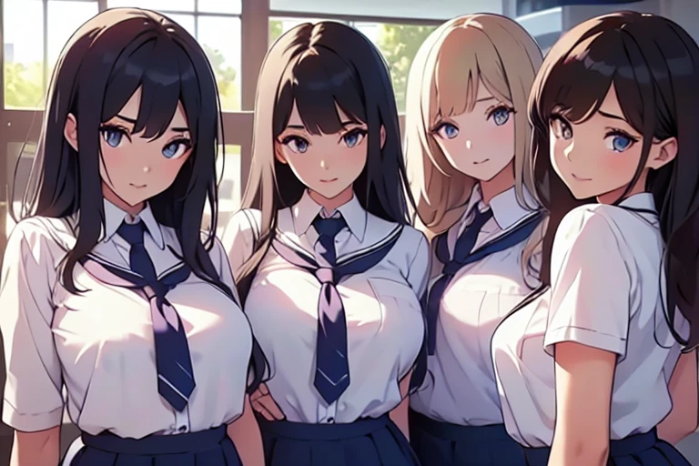 4girls,quartet,squad,cowboyshot,pov,beautiful detailed eyes, detailed lips, long eyelashes, bright and vibrant colors, natural lighting,(best quality, 4k, highres), ultra-detailed, soft and smooth texture, no distractions, dreamlike sensation, slight bokeh effect,highlighting her figure,deformed and independented breasts,schooluniform,side by side,Different posing,surrounded by girls,(small breasts:1.5)