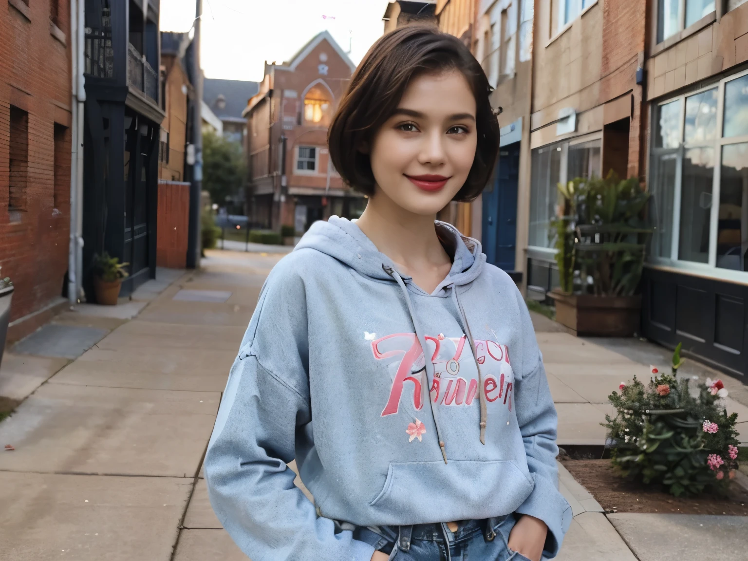 200 (snapdd00-Fp16), woman, floral hoodie, gentle smile, lipstick, short hair, Retro brick town, wearing jeans