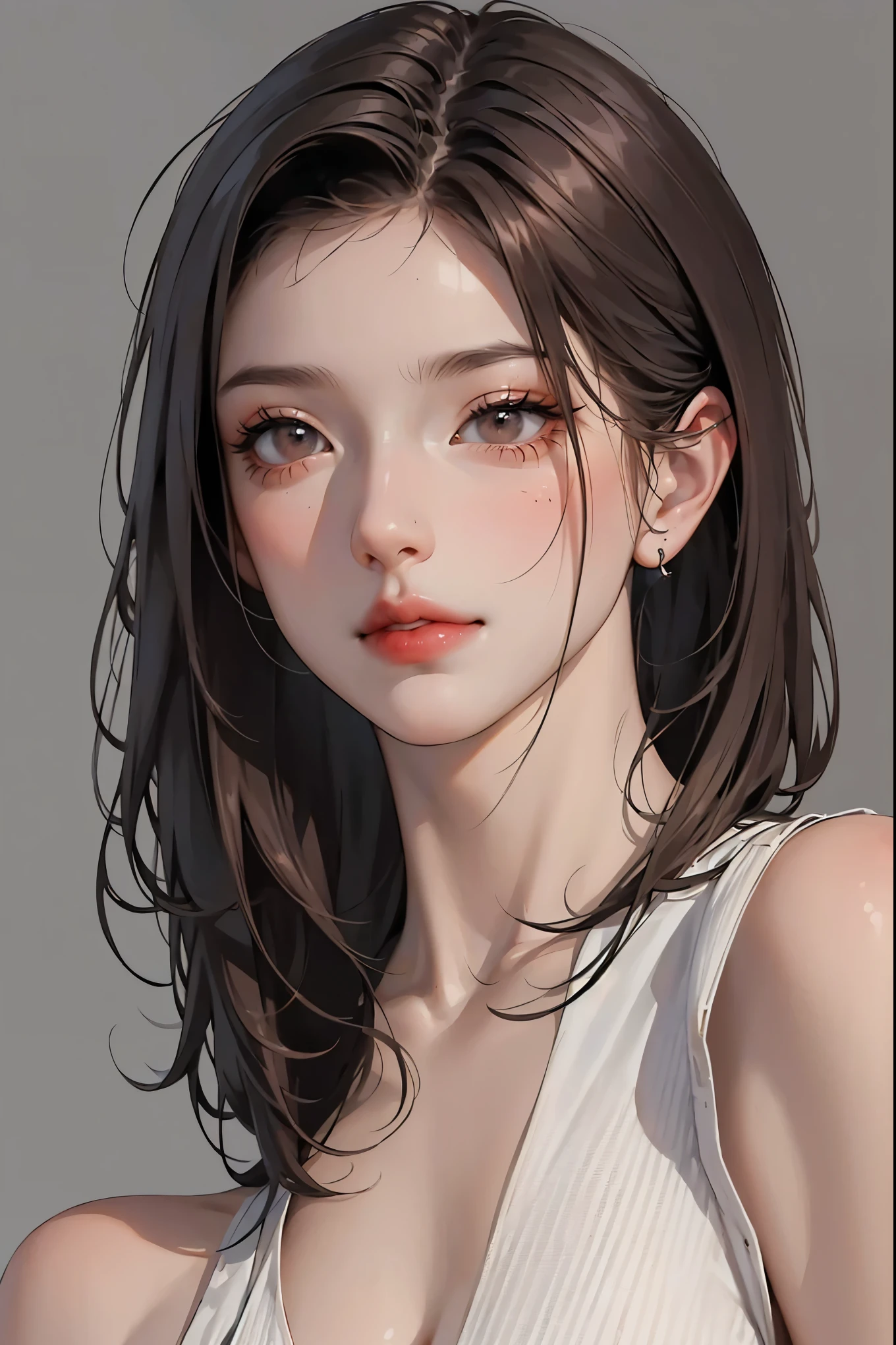 (Representative works: 1.3), (8K, realistic, RAW photo, best image quality: 1.4), (30 year old mature woman),small face, beautiful face, (realistic face),no makeup、natural makeup、light makeup、 (Dark brown, short hair: 1.3), beautiful hairstyle, realistic eyes, detailed and beautiful eyes, (realistic肌), beautiful skin, (sweater),、Bust A cup、 confused, charm, 超High resolution, Super realistic, High resolution, golden ratio, ff tifa、gray background、