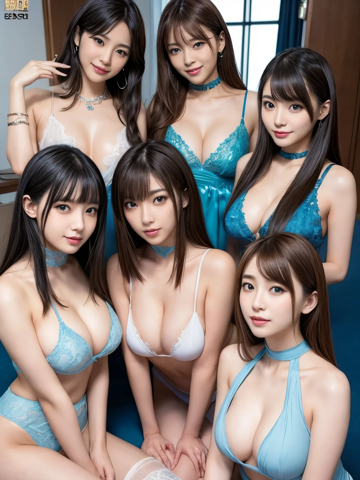 Award-winning photo,  very detailed, (perfect face, very detailed faces, perfect eyes), different hair colors, different body types, ((cute face)), looking at the viewer, 無邪気なsmile, playful, Hilarious, show , show breasts, smile,choker. blue eyes, bangs, meeting、meeting room、Three very beautiful women, asian woman in arafed, korean girl, gorgeous young korean woman, beautiful south korean woman, seductive girl, beautiful asian girl, beautiful young korean woman, japanese goddess, korean woman, attractive girl, gorgeous chinese model, beautiful attractive, Real young gravure idol, beautiful attractiveな女性, キュートな魅惑的なsmile、slim body shape, perfect makeup, long eyelashes, eye shadow, ((meeting, meeting))