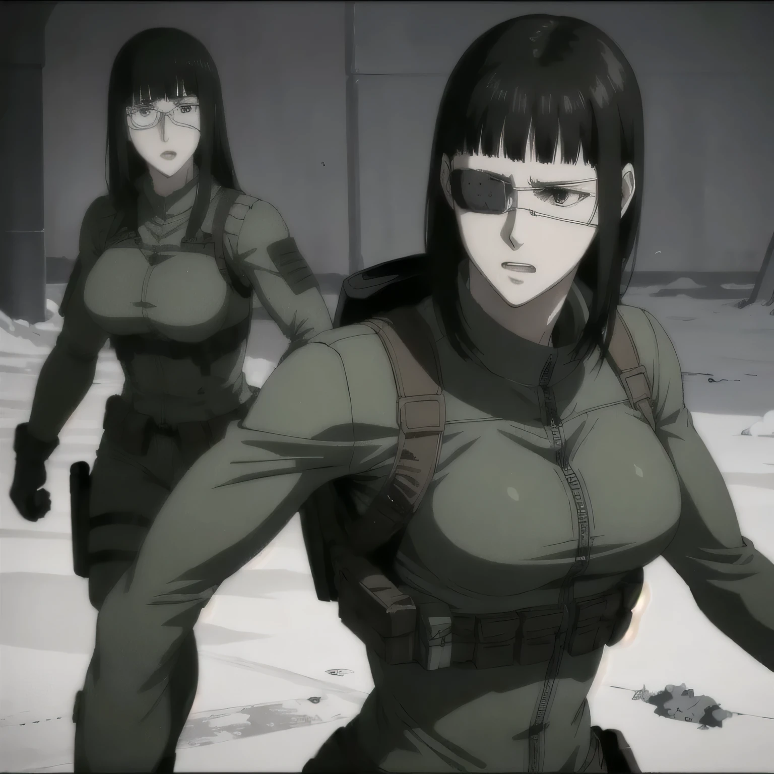 (best quality,ultra-detailed,realistic:1.37), military, muscular girl with sculpted body wearing a military non-combat suits, beautiful tattoo on girl's shoulder, full review of the female character's face and body, intense expression, strong and confident posture, studio lighting, vivid colors, physiologically-based rendering, grungy texture, rugged background, dust particles in the air, commanding presence, professional, powerful, gritty aesthetics,Valmet,eye patch,