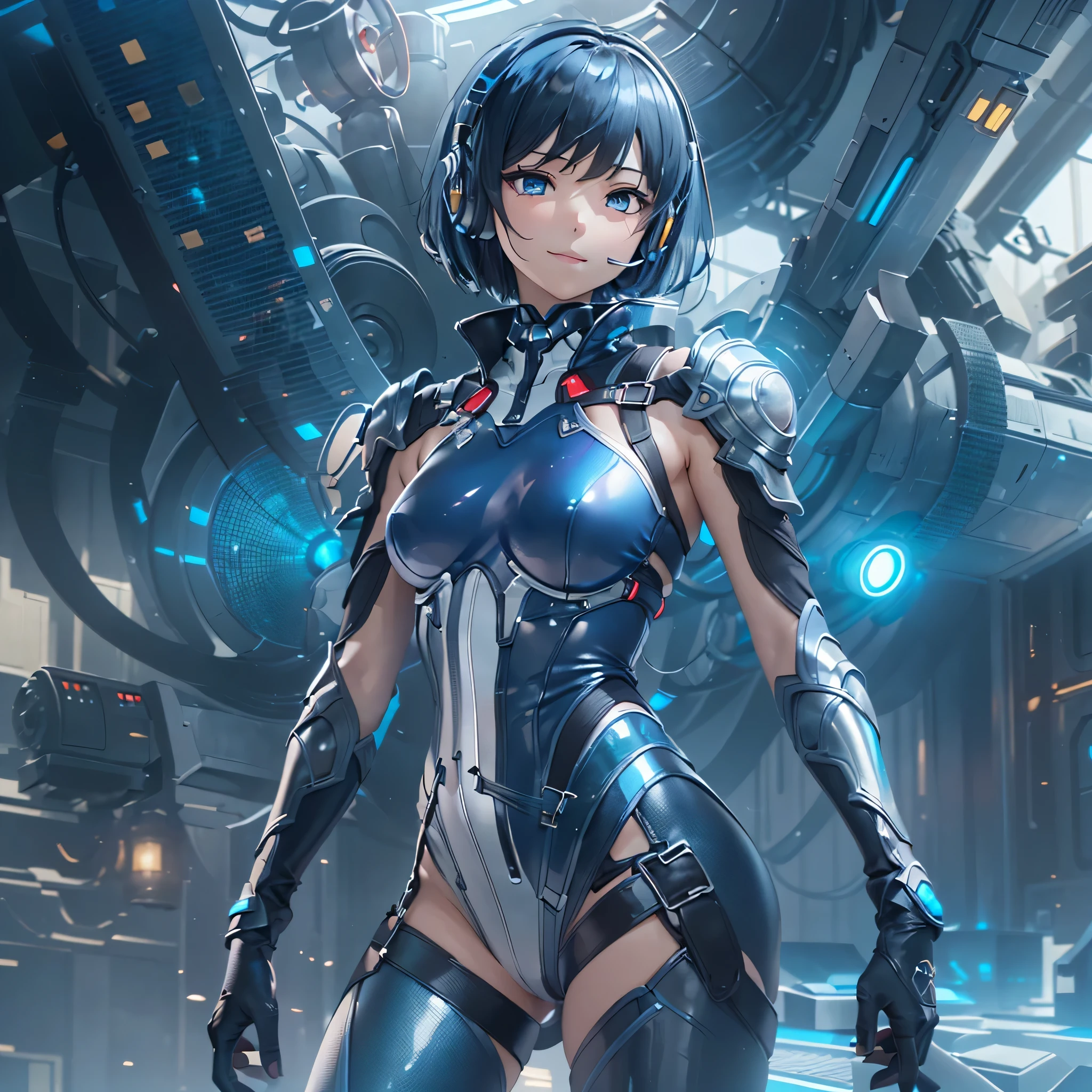 (masterpiece、highest quality、highest resolution、clear_image、detailed details、Angle from above): (full body figure、One 20 year old girl、Japanese faces、small face、Slender、Navy blue super short bob cut hair、(hidden small breasts:1.3)、sparkling blue eyes、Shiny pilot suit in blue and black colors、armor that protects the chest、tight fitting clothes、clothes that cover the whole body、shiny clothes、tight fit pants、hide the skin、very delicate and beautiful、detailed skin、hide thighs、hide your butt、cute type、gentle smile、soft expression、heroine、headset、Knee-high boots、gloves up to the elbow、eye level shot、facing directly、woman on a spaceship)