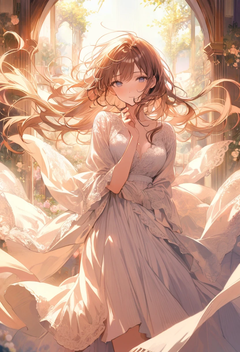 girl, surrounded by a dreamy and otherworldly atmosphere, hands brought together over heart, hair wrapping in the wind, long hair, happiness, pure, realistic, detailed background, (masterpiece, best quality, perfect composition, very aesthetic, absurdres, ultra-detailed, intricate details, Professional, official art, Representative work:1.3), (Animagine:0.01)