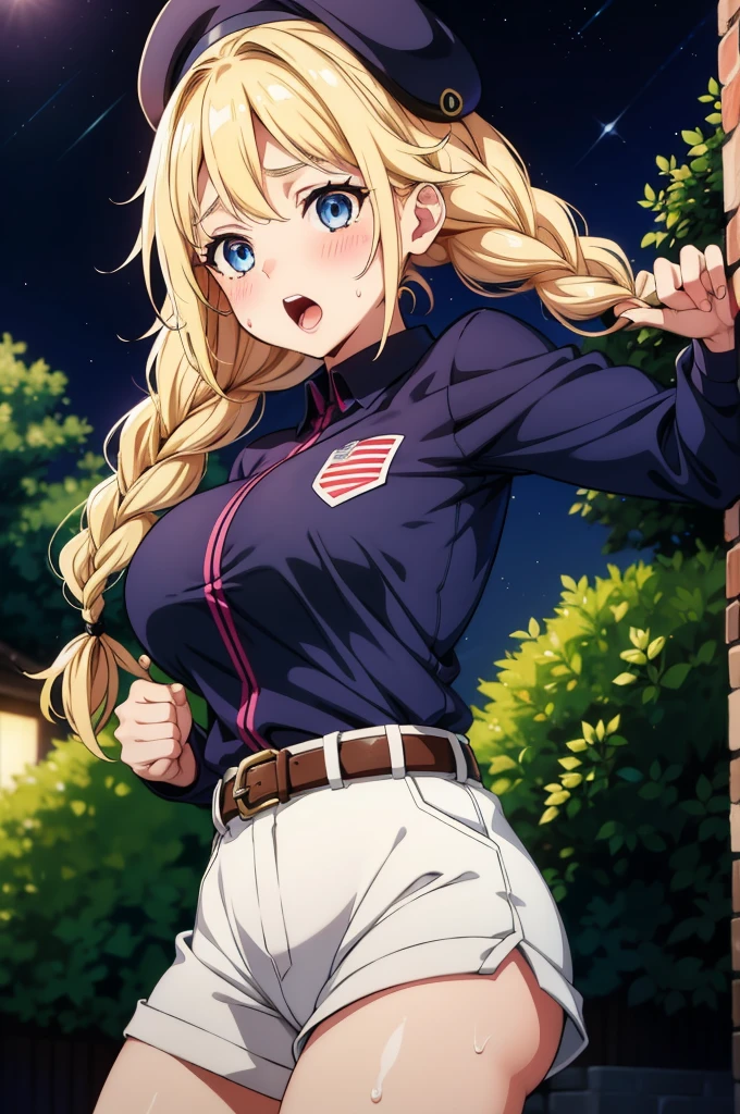 a cartoon is a very beautiful woman dressed as a soccer referee in uniform, 1girl, blue eyes, blonde hair, hat, braid, long hair, breasts, solo, blush, twin braids, looking at viewer, open mouth, belt, sweat, outdoors, night, large breasts