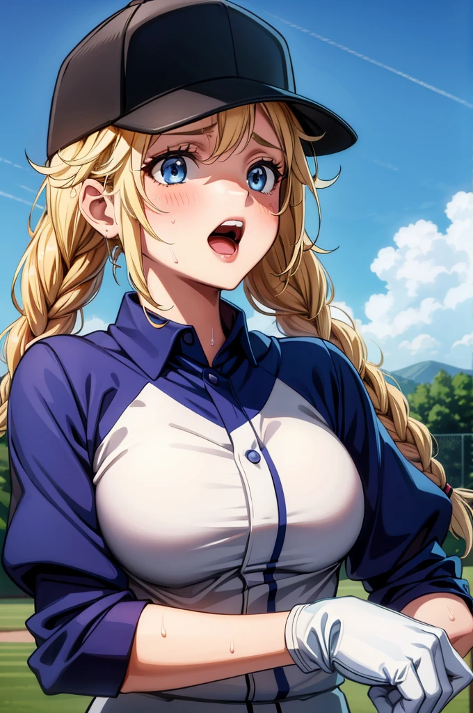there is a woman in a baseball uniform on top of a hill holding the back of her cap, looking around, 1girl, solo, blonde hair, hat, twin braids, blue eyes, braid, long hair, breasts, gloves, baseball cap, open mouth, blush, looking at viewer, sweat, baseball uniform, outdoors, large breasts, upper body