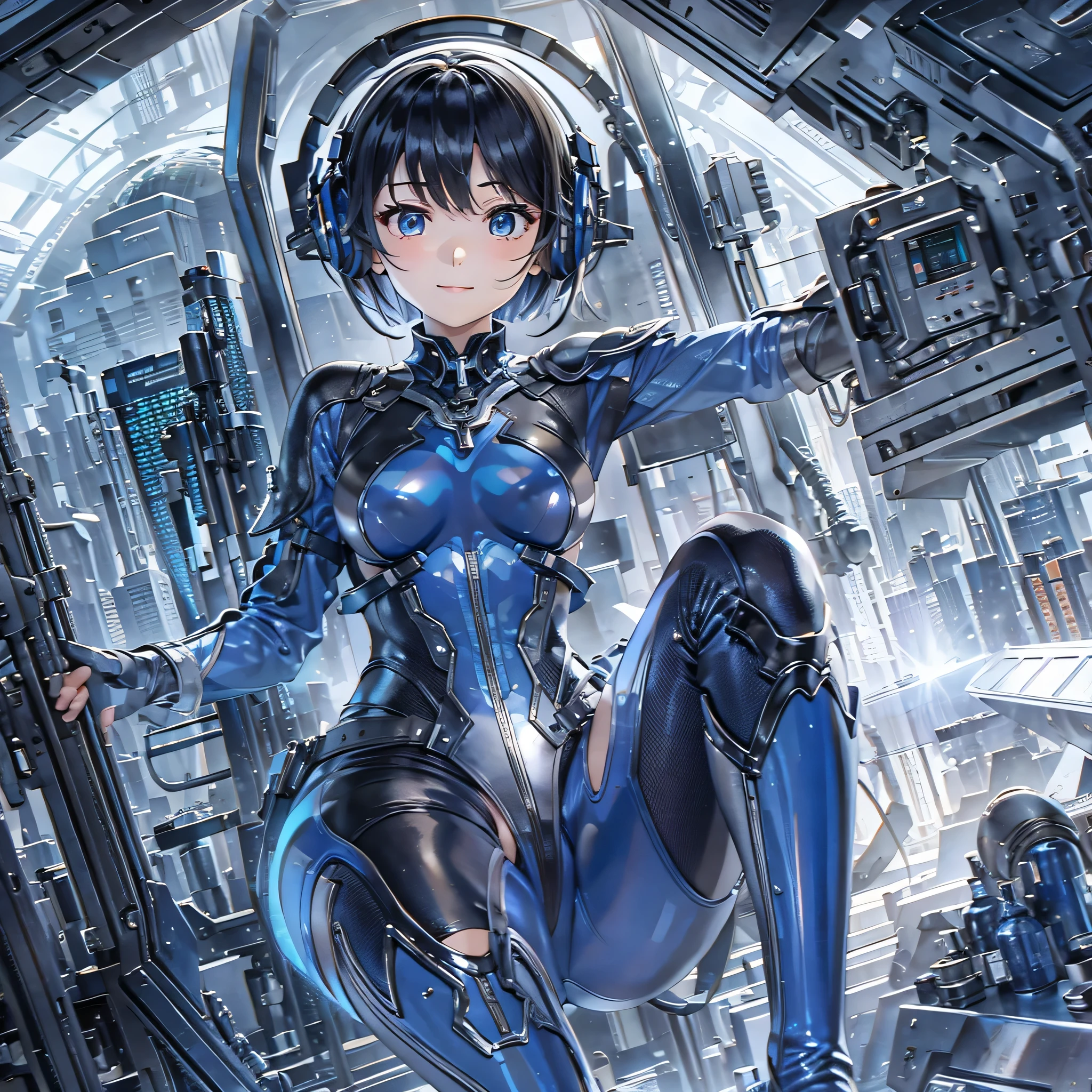 (masterpiece、highest quality、highest resolution、clear_image、detailed details、Angle from above): (full body figure、One 20 year old girl、Japanese faces、small face、Slender、Navy blue super short bob cut hair、(hidden small breasts:1.3)、sparkling blue eyes、Shiny pilot suit in blue and black colors、armor that protects the chest、tight fitting clothes、clothes that cover the whole body、shiny clothes、tight fit pants、hide the skin、very delicate and beautiful、detailed skin、hide thighs、hide your butt、cute type、gentle smile、soft expression、heroine、headset、Knee-high boots、gloves up to the elbow、eye level shot、facing directly、woman on a spaceship)