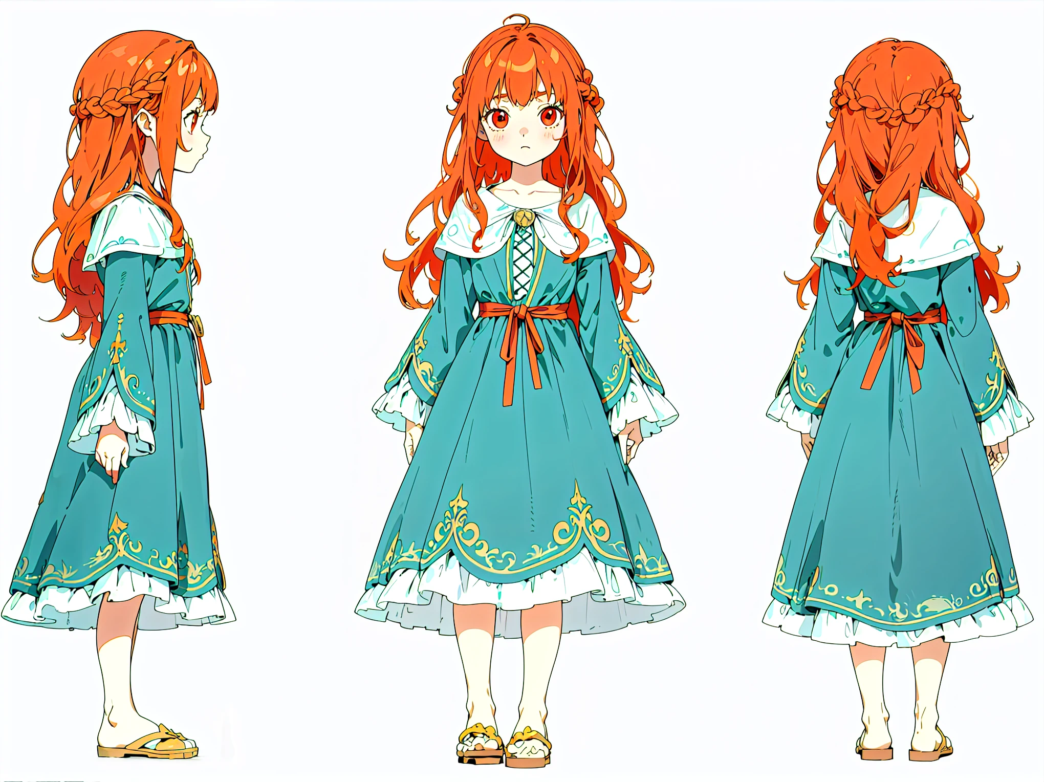 Human , Human, cute girl, , six-year-old girl, Girl, , light red eyes, red hair, orange hair, long hair, wavy hair, waist-length hair, anime style, 4k image, full body, simple background, white background, list of characters. perfect face, red eyes. Details, Front View, Back View, Full Length, Dress, Baby Dress,\Medieval, Fantasy, Anime. ((masterpiece, highest quality)), detailed face, the design of the whole body of the character, a lot of details, very detailed, deep, from different angles, detailed faces.