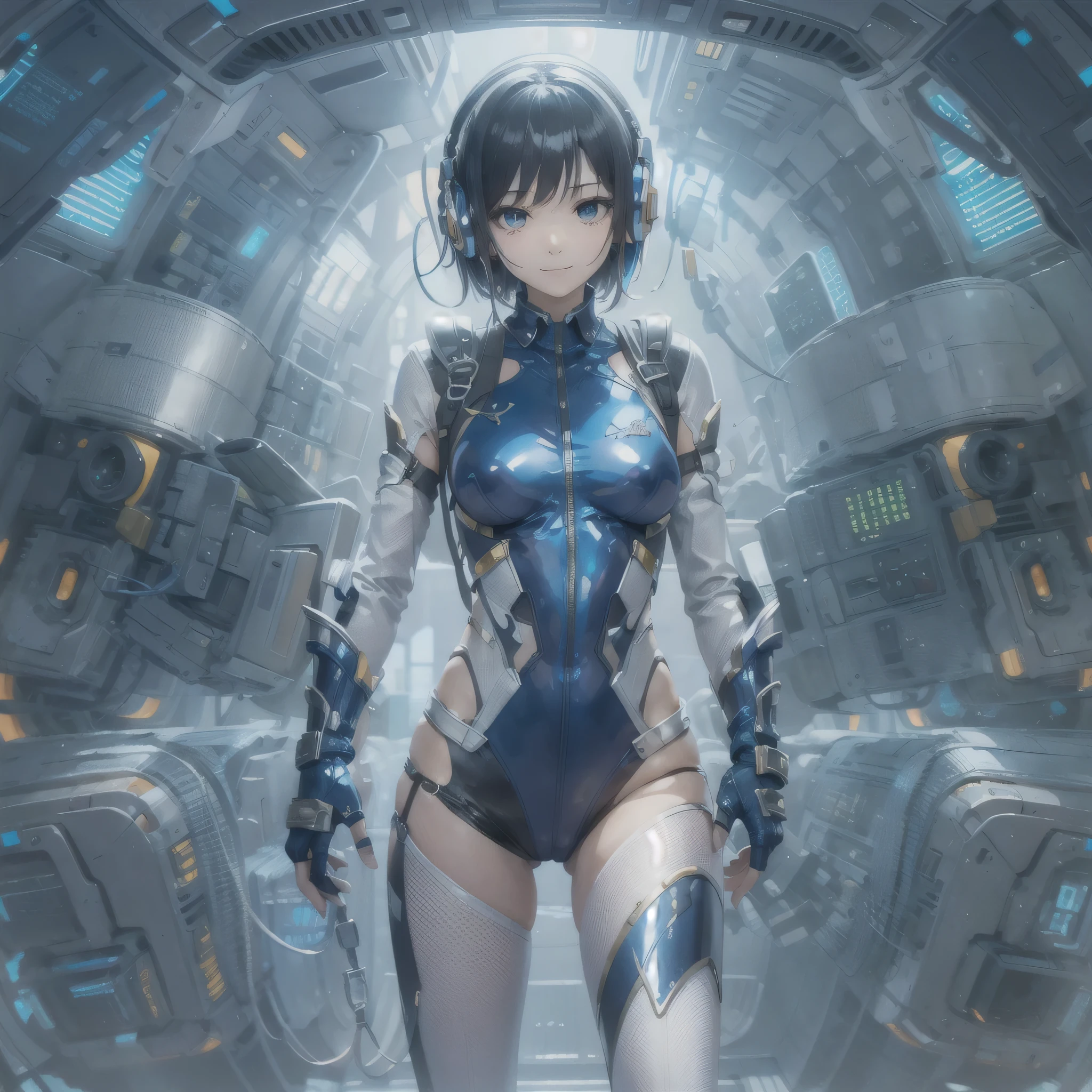 (masterpiece、highest quality、highest resolution、clear_image、detailed details、Angle from above): (full body figure、One 20 year old girl、Japanese faces、small face、Slender、Navy blue super short bob cut hair、(hidden small breasts:1.3)、sparkling blue eyes、Shiny pilot suit in blue and black colors、armor that protects the chest、tight fitting clothes、clothes that cover the whole body、shiny clothes、tight fit pants、hide the skin、very delicate and beautiful、detailed skin、hide thighs、hide your butt、cute type、gentle smile、soft expression、heroine、headset、Knee-high boots、gloves up to the elbow、eye level shot、facing directly、woman on a spaceship)