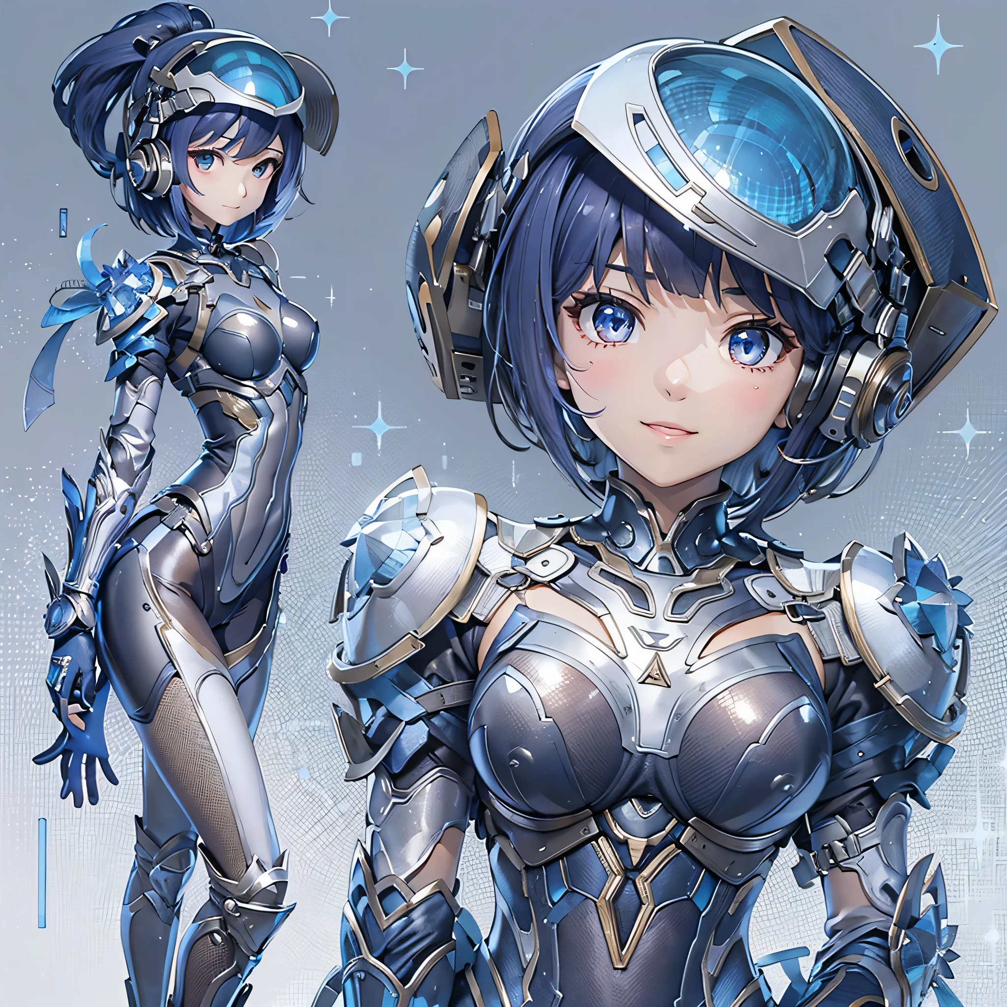 (masterpiece、Highest quality、Highest Resolution、Clear_image、Detailed details、Angle from above): (Whole body、One 20 year old girl、Japanese Faces、Small Face、Slender、Navy blue super short bob cut hair、(Hidden small breasts:1.3)、Sparkling blue eyes、Shiny pilot suit in blue and black colors、Chest protection armor、Tight fitting clothes、Clothing that covers the whole body、Glamorous clothes、Tight Fit Pants、Hide your skin、Very delicate and beautiful、Detailed Skin、hide thighs、Hide your ass、Cute、A gentle smile、Soft expression、heroine、headset、Knee-high boots、Elbow-length gloves、Eye Level Shot、Face directly、Woman on a spaceship)