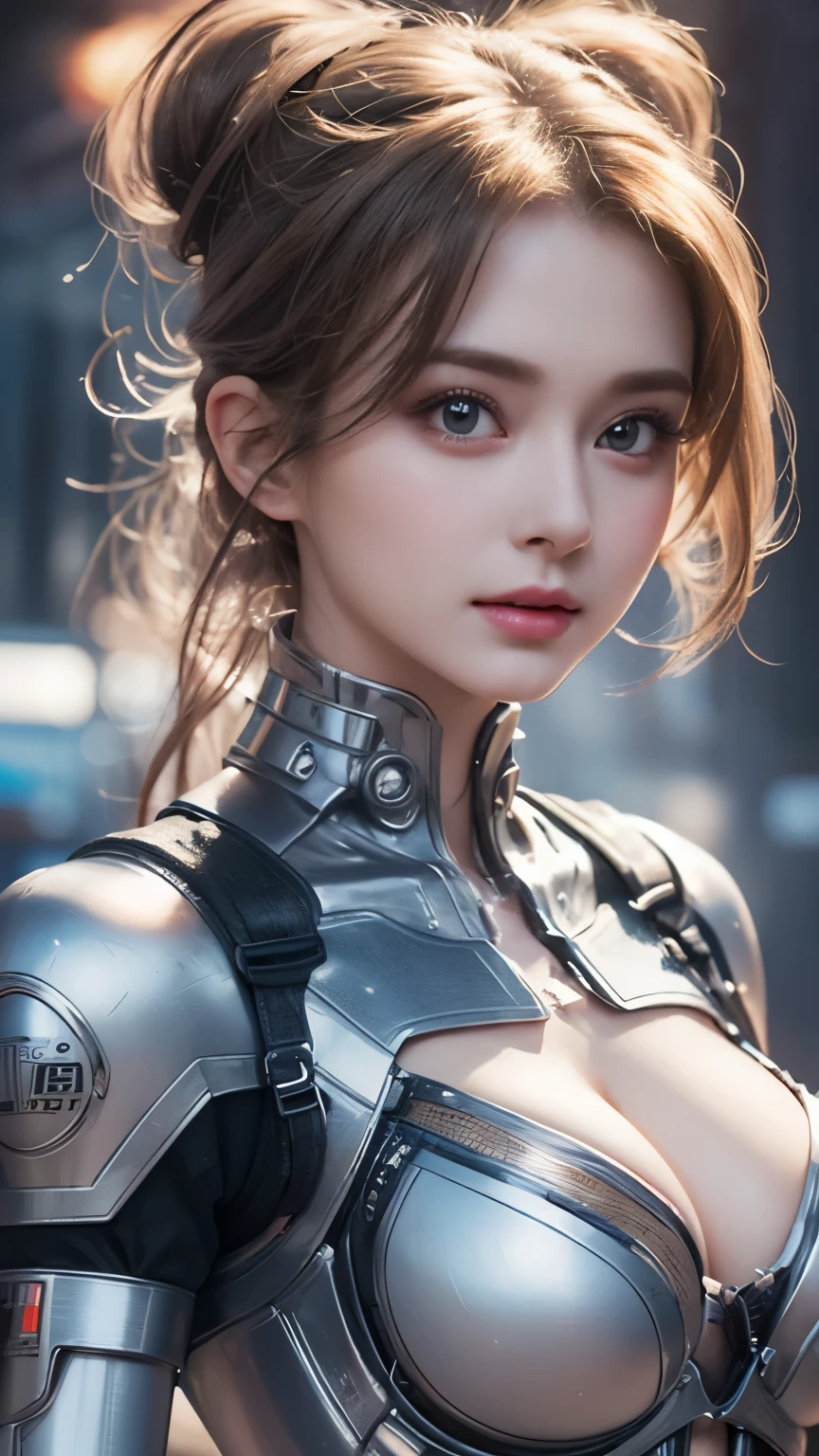 A close-up head and chest portrait of a pretty and cute woman, her chest adorned with pneumatic tubes that give her a unique and futuristic appearance. The highly detailed digital rendering captures every aspect of her beauty, from her delicate features to the intricate tubes.
